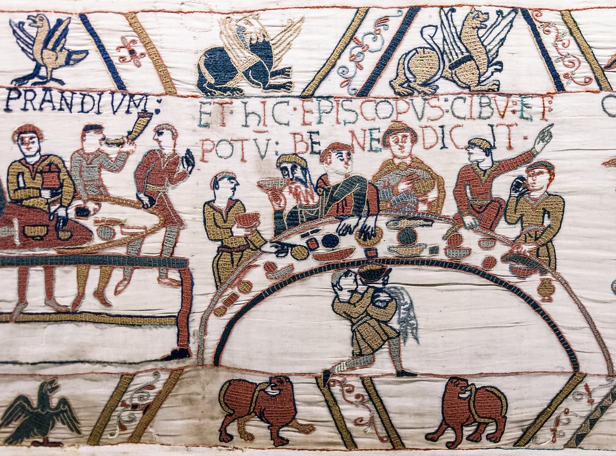 Odo püspök megáldja az ételeket és a bort, Bayeux gobelin (gyapjú hímzés vászonra) alkotó: Unknown artist