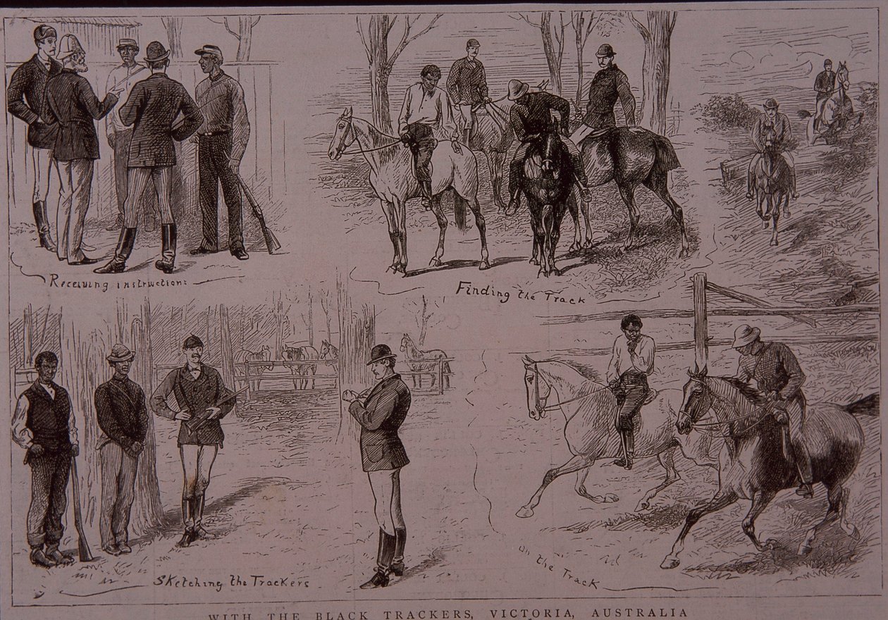 Fekete nyomkövetők a bushrangers nyomában Victoria-ban, Ausztráliában 1881-ben (metszet) alkotó: Unknown artist