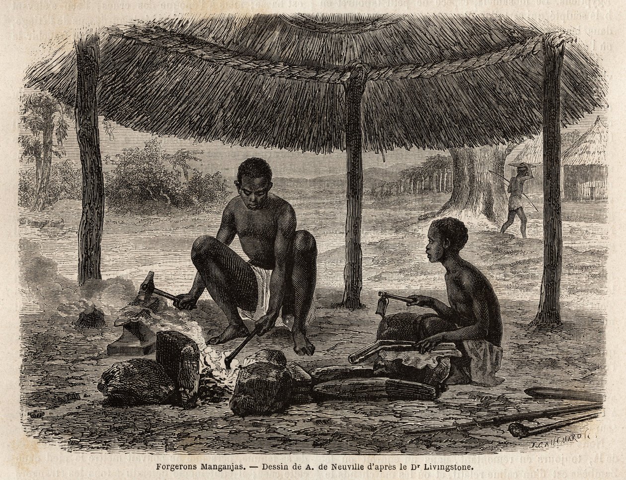 Kovács mangandzsa (a Zambeze régió etnikai csoportja). Metszet Dr. Livingstone első dél-afrikai útjainak illusztrálására 1840 és 1856 között, az Edouard Charton irányítása alatt megjelent „Le tour du monde, nouveau Journal des voyages” c. alkotó: Unknown artist
