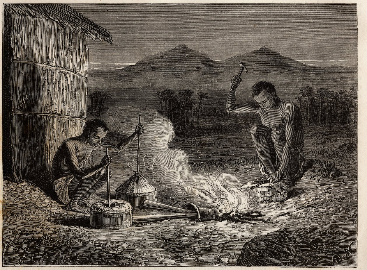 Kovácsok Simiangóban, a Zambese folyó partján. Metszet Dr. Livingstone első dél-afrikai útjainak illusztrálására 1840 és 1856 között, az Edouard Charton irányítása alatt megjelent „Le tour du monde, nouveau Journal des voyages” c. alkotó: Unknown artist