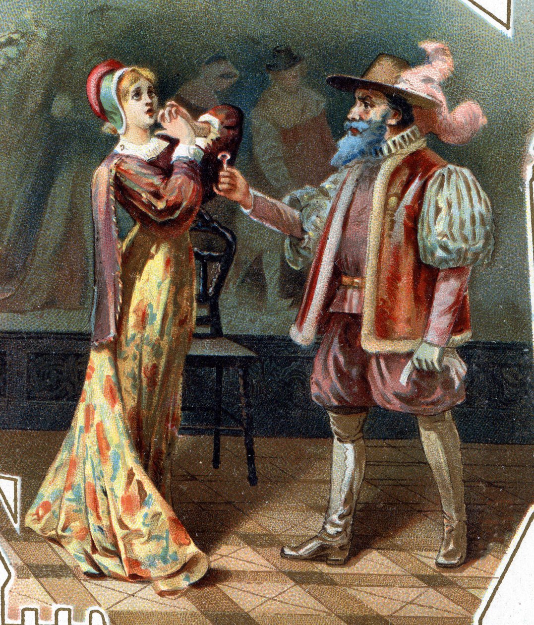 Kékszakáll. Charles Perrault meséje. 1697. A 19. század végének kromolitográfiája. „” Olcsón”” matrica”. "Kékszakállú kihallgatja a feleségét, aki megpróbált bejutni a kabinetbe, ahol meggyilkolták Kékszakállú feleségeit." alkotó: Unknown artist