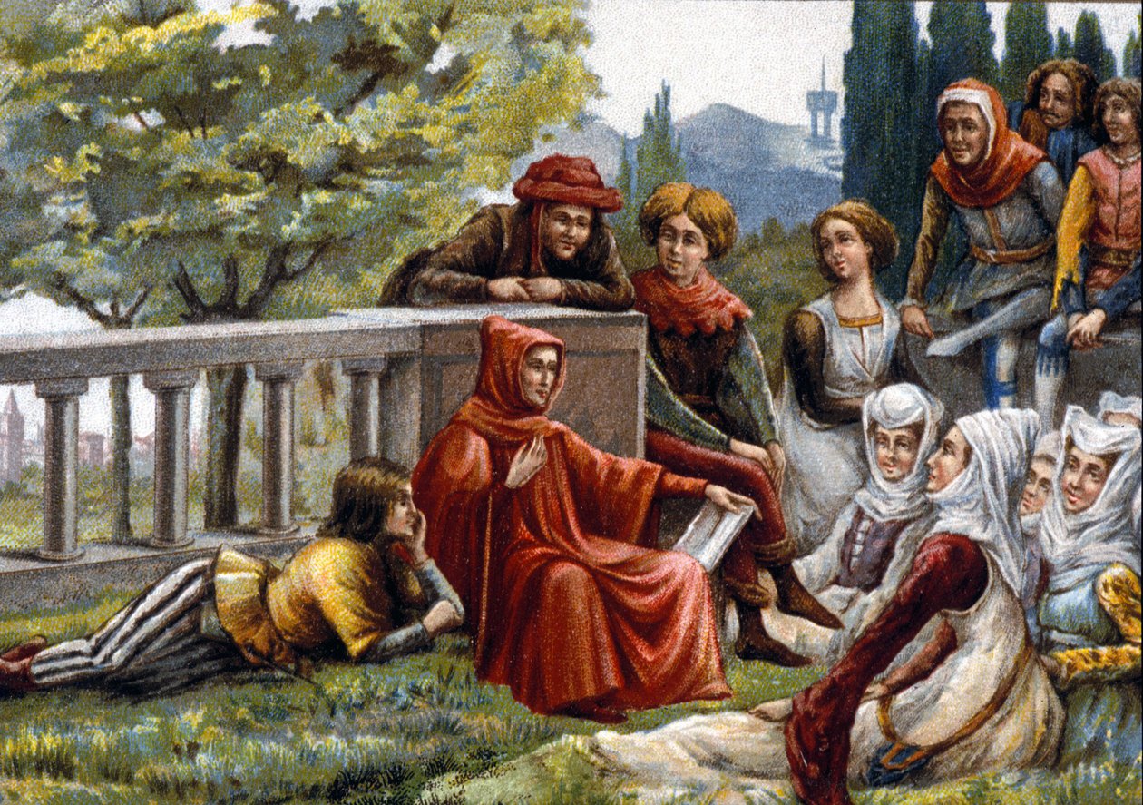 Boccaccio (Boccaccio) a Dekameront olvassa fel barátainak az 1348 körüli firenzei pestisjárvány idején. A 19. század végének kromolitográfiája. alkotó: Unknown artist