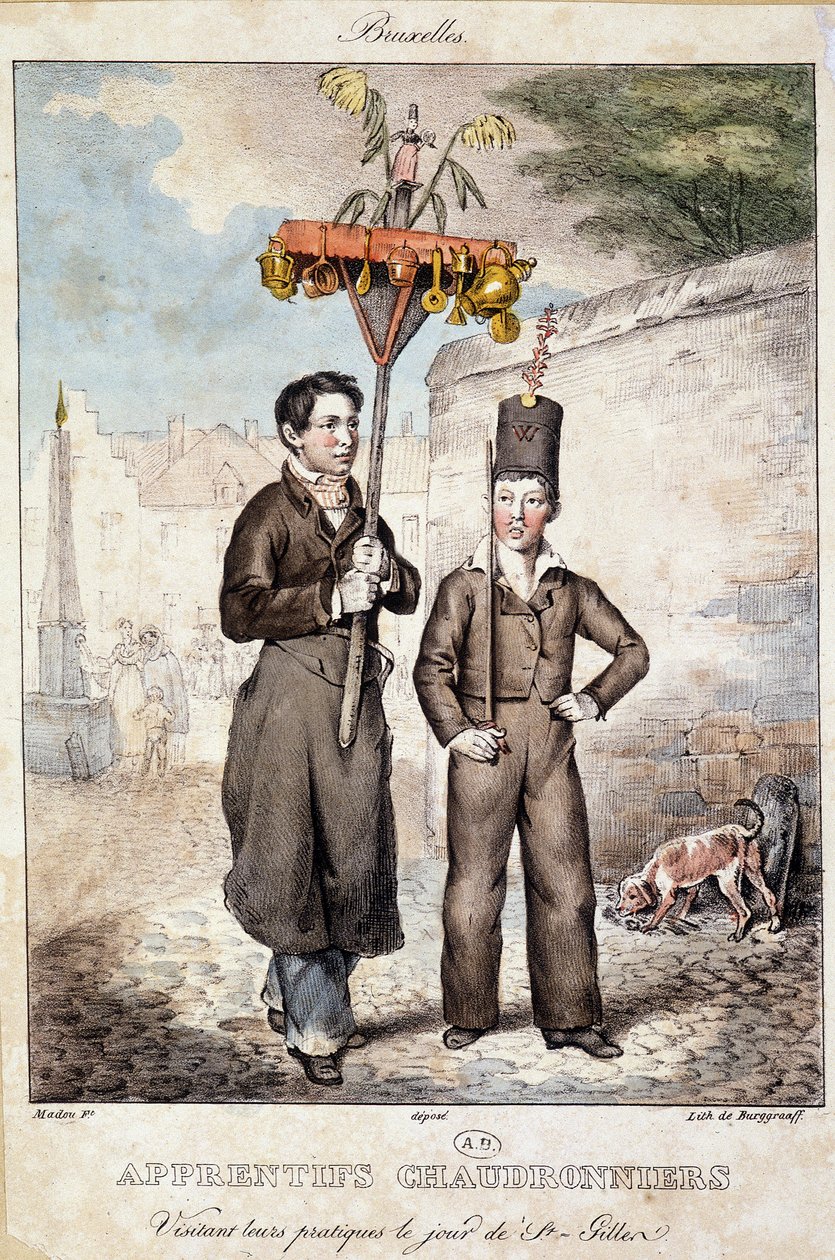 Bojlergyártanoncok látogatják praxisukat St Gillen napján (Brüsszel) - Litográfia, deb. 19. század alkotó: Unknown artist