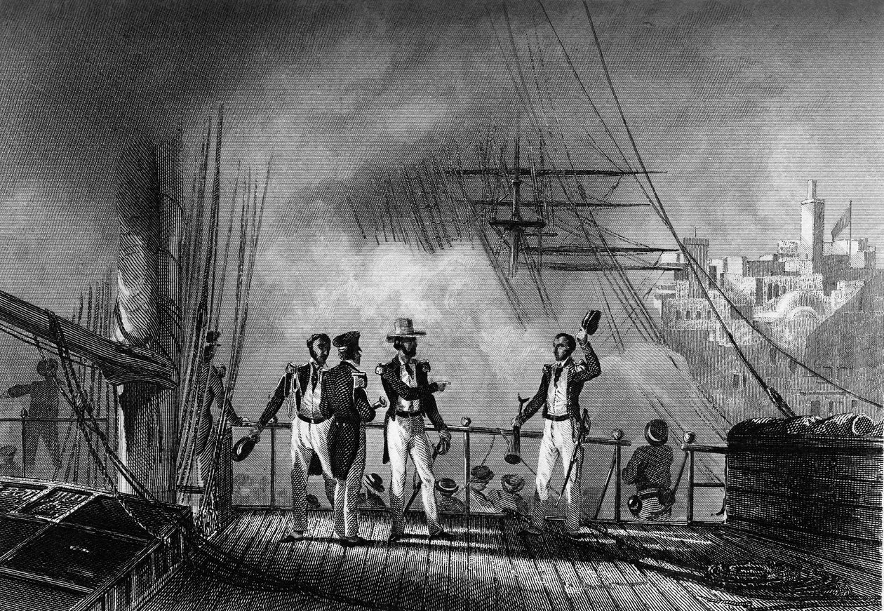 Tanger bombázása Joinville hercege által. Van Tenac „A haditengerészet általános története” című könyvében alkotó: Unknown artist