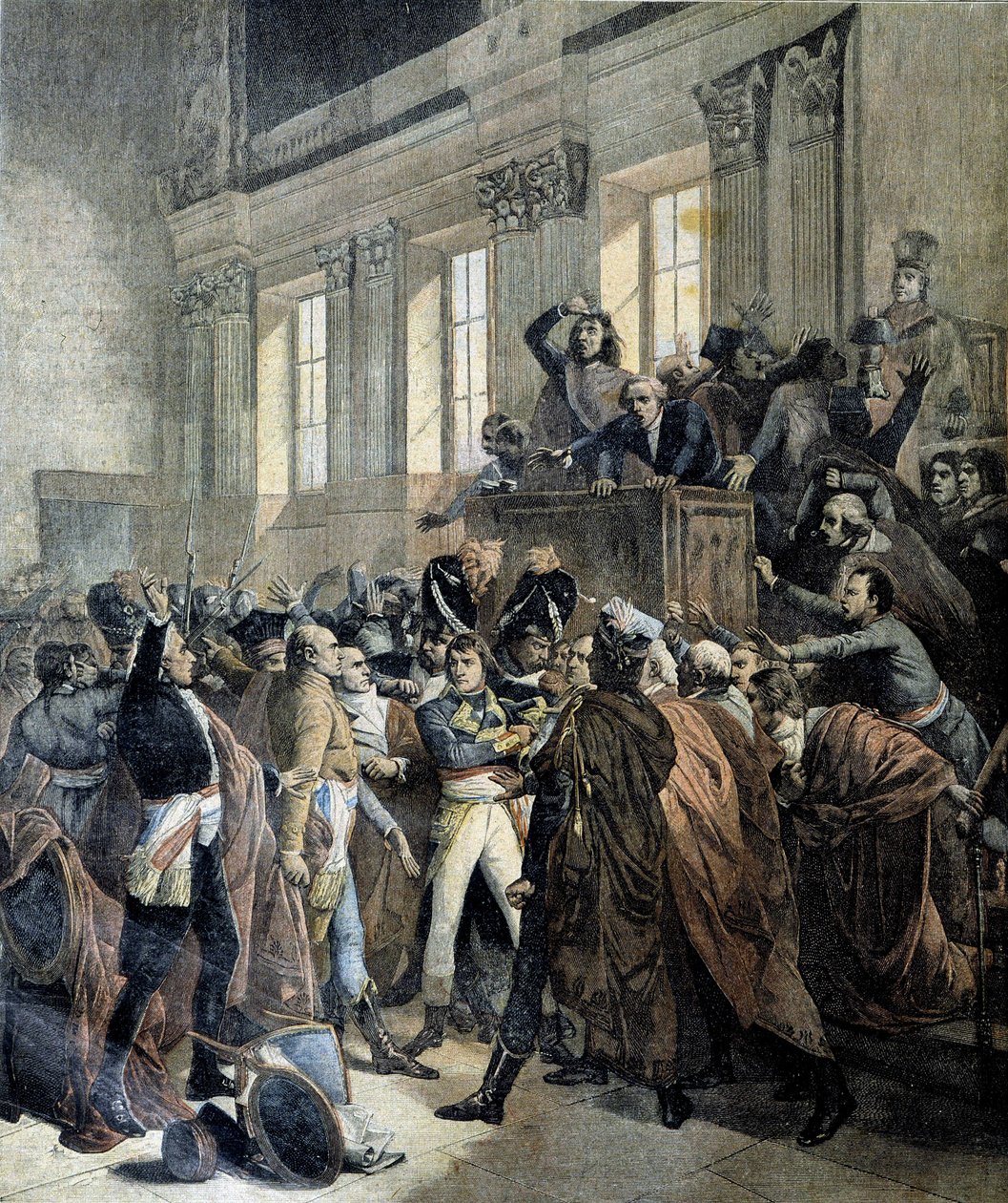 Bonaparte a 18 brumaire puccsánál a Saint Cloud-i Ötcentek Tanácsának (Cinq Cents) Kamarájában (salle des 500) – a „” Le Petite Journal”-ban”, 1893.03. alkotó: Unknown artist