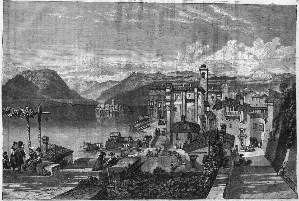 A Maggiore-tó Borromees-szigetei (Maggiore-tó Lombardiában) Olaszországban: Kilátás Isola Bella-ra (Ila-Bella). Gravírozás "" L