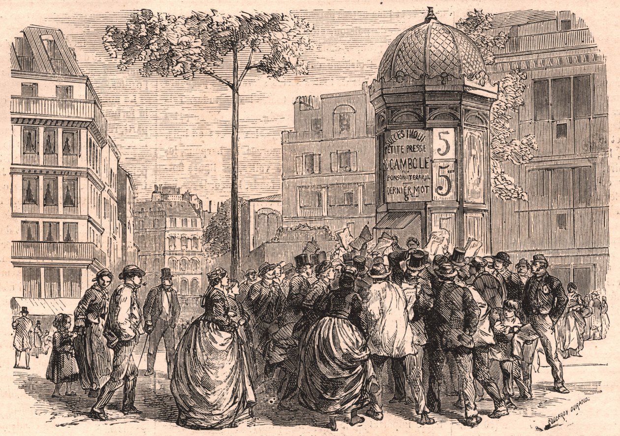 Boulevard Pigalle Párizsban: Párizsi tömeg egy Morris oszlop körül az újságok árusítása közben alkotó: Unknown