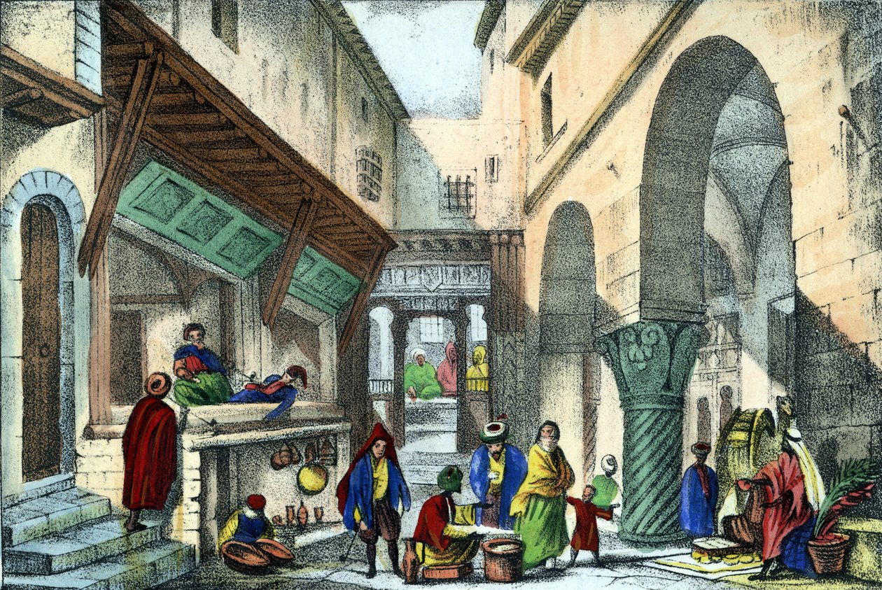 Üzletek Algír egyik utcájában. Léon Galibert „Ősi és modern Algériájában”. Olasz kiadás 1846 színes. alkotó: Unknown artist