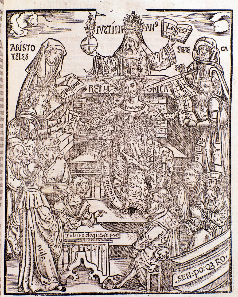 Az Arisztotelész által képviselt tudáságak (bal felső sarokban) a természetfilozófiát, a jobb oldalon Seneca az erkölcsfilozófiát, a Justinianus császár (fent középen) képviseli. A középső nő kardja és egy virágzó ága száll ki belőle alkotó: Unknown artist