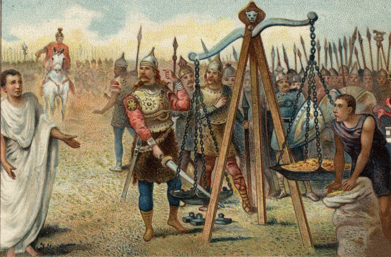 Brennus a kardját a mérlegbe helyezi, ie 390.: A gallok, Brennus (Brennos) főnökük vezetésével, kifosztották Rómát. A rómaiak ellenállásával szembesülve Brennus beleegyezett, hogy elbánik Quintus Sulpicius római katonai tribunusszal: a papa ellen hagyta el alkotó: Unknown artist