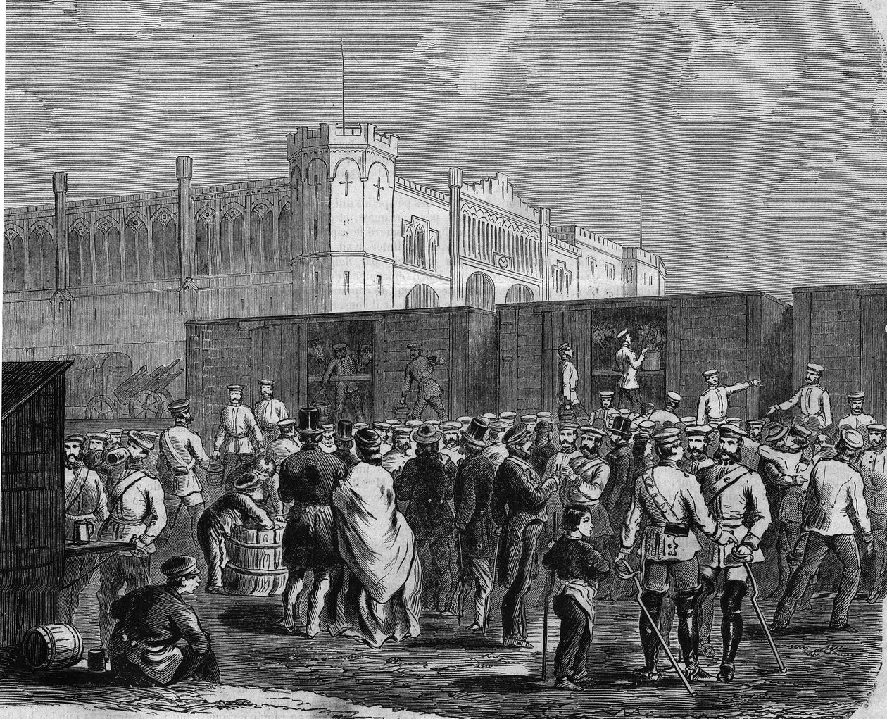 Breslau (vagy Wroclaw), a porosz gárda őrzői az Ausztria elleni hadjáratban 1866-ban. Metszet alkotó: Unknown artist