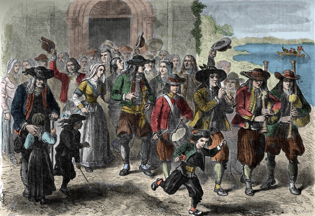 Breton szokás: fiatal házasságkötések a templom kijáratánál. A csapat tetején a biniou és a dob játékosai állnak. Treguennec, Finistere (29) alkotó: Unknown artist