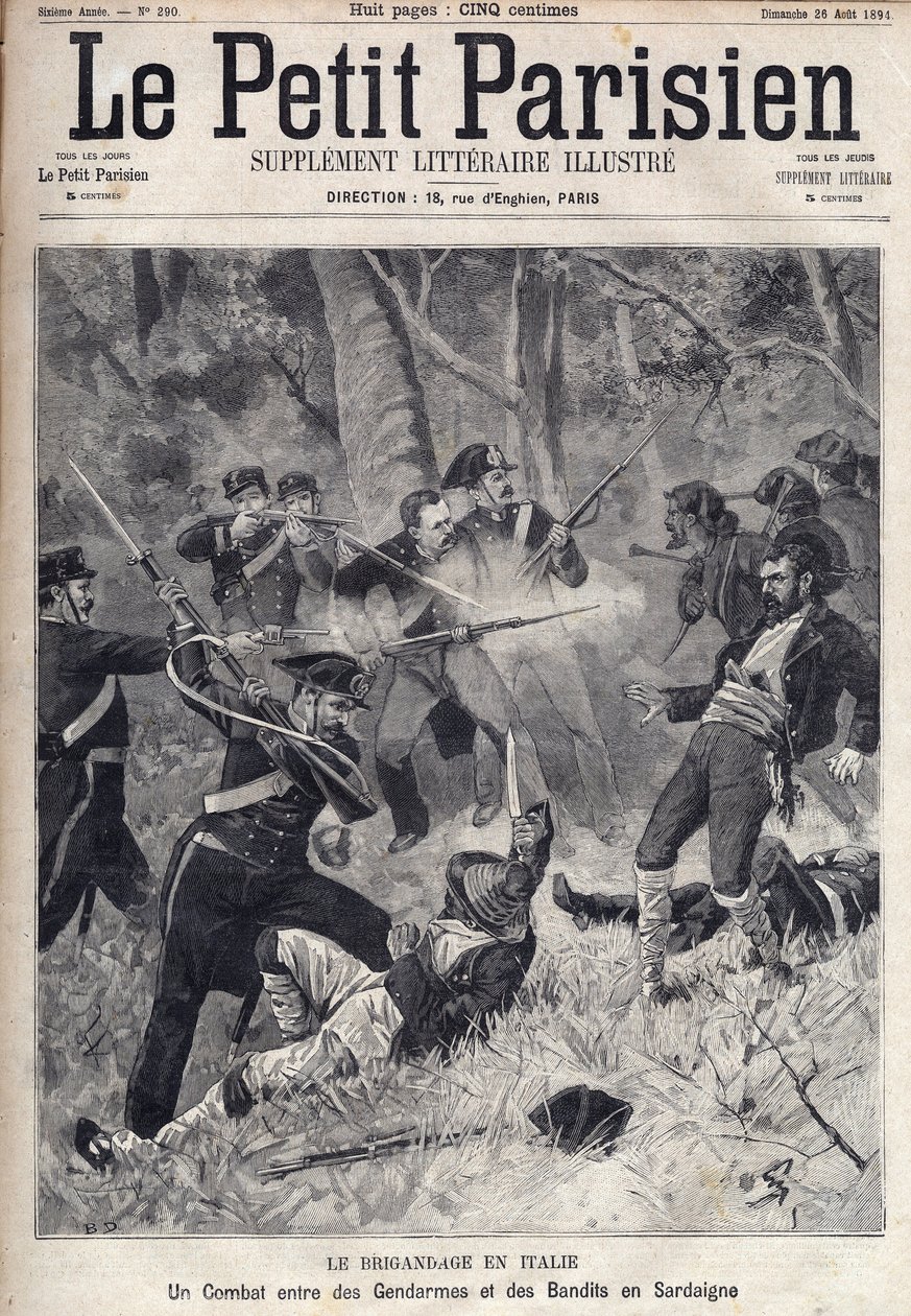 Dandárság Olaszországban: harc csendőrök és banditák között Szardínián. (Briganti Sardi, Sardegna) Metszet a „” Le Parisien”-ben” alkotó: Unknown artist