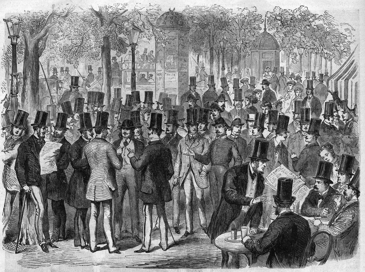 Brókerek a kis Bourse du Boulevard des Italians közelében Párizsban, Franciaországban. Metszet a „The Illustrous Universe”-be alkotó: Unknown artist