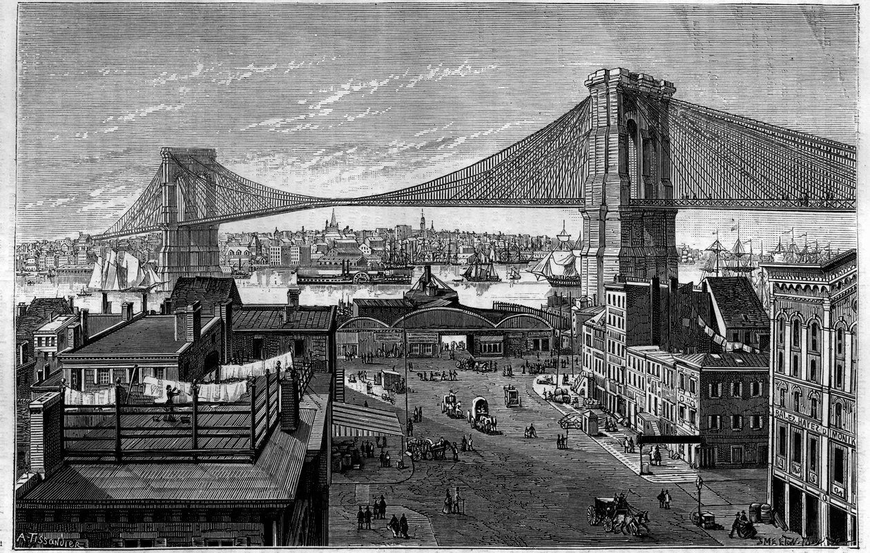 Brooklyn híd. 1869-ben kezdődik, a gravírozás idején építés alatt áll, 1883-ban fejeződik be. New York (New York), Egyesült Államok (Amerikai Egyesült Államok). Gravírozás „” La Nature: revue des sciences et de leurs applications aux arts et a l