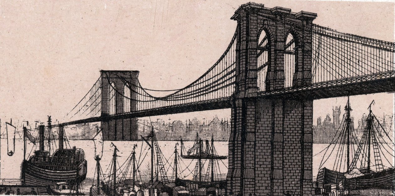 Brooklyn Bridge New Yorkban, Amerikai Egyesült Államokban a „The World Illustrates 168 Views” című filmben, dátum nélkül (19. század vége) alkotó: Unknown artist