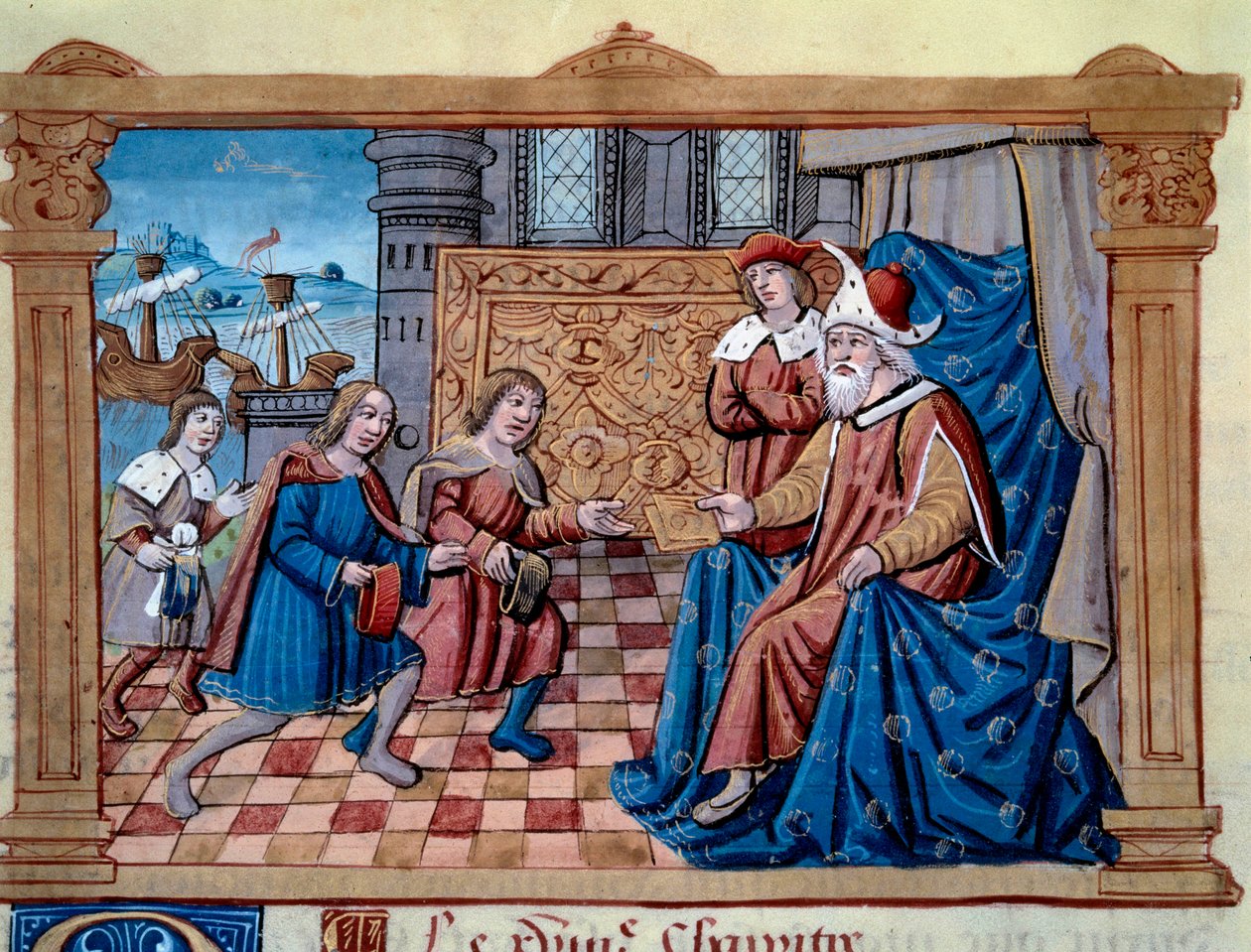 Nicolo és Matteo Polo testvéreket, a fiatal Marco Polo (1254-1324) apját és nagybátyját a Qubilai (Kubilai kán, a mongol Yuan dinasztia első császára (1215-1294), mongol császár 1271-ben) udvarában fogadták. Miniatűr átvéve: „” A B alkotó: Unknown artist