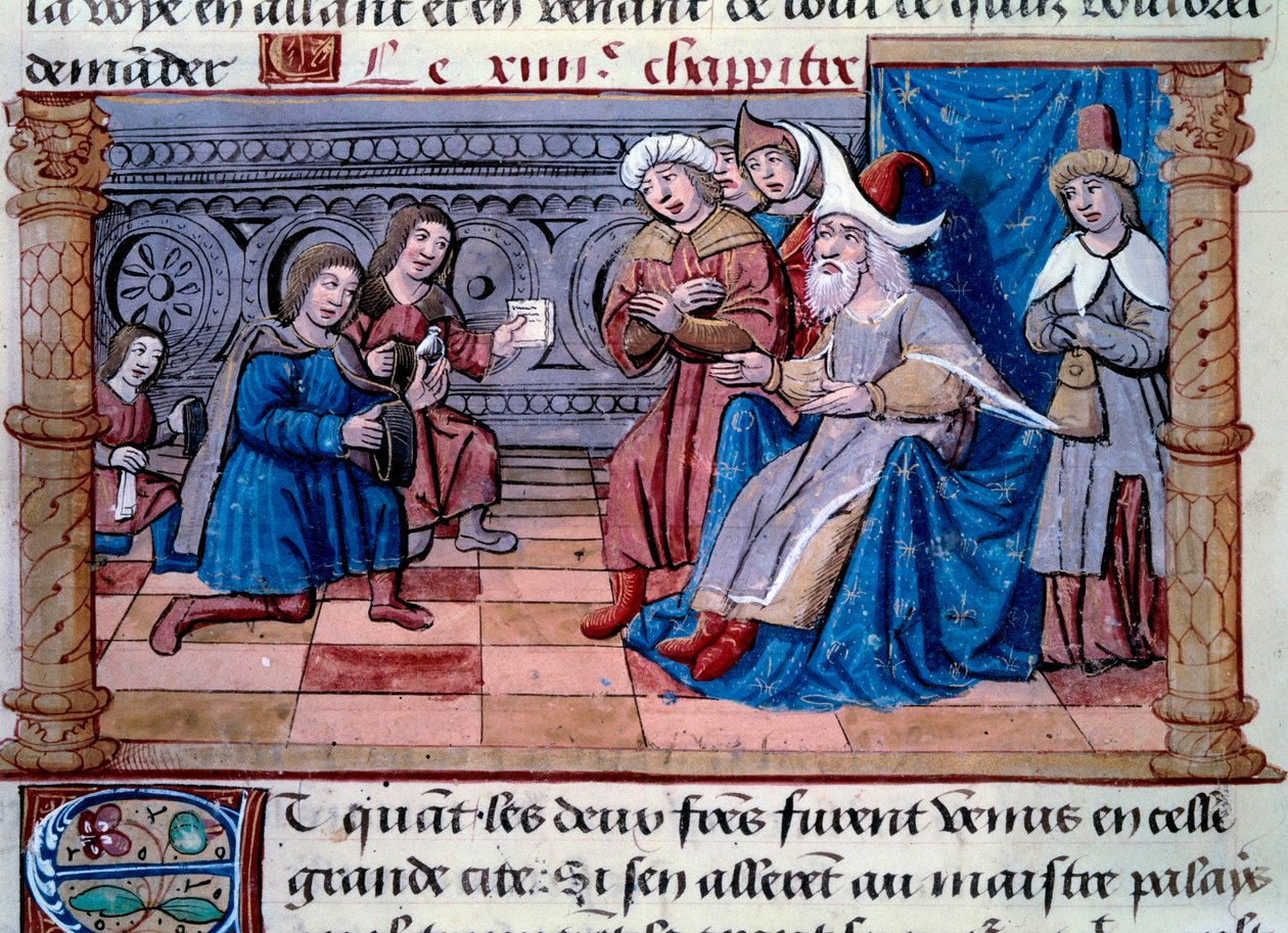 Nicolo és Matteo Polo testvéreket, az ifjú Marco Polo (1254-1324) apját és nagybátyját a Grand Qubilai (Kubilai kán, a mongol Yuan-dinasztia első császára (1215-1294), mongol császár 1271-ben) udvarában fogadták.” A miniatűr a " alkotó: Unknown artist