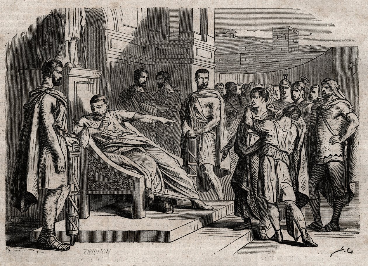 Brutus halálra ítéli fiát - Brutus (Marcus Junius Brutus, i. e. 85-42) fiait halálra ítéli - Joseph Decembre és Edmond Allonier „Dictionnaire populaire illustrious” vésése - 1864 - alkotó: Unknown artist