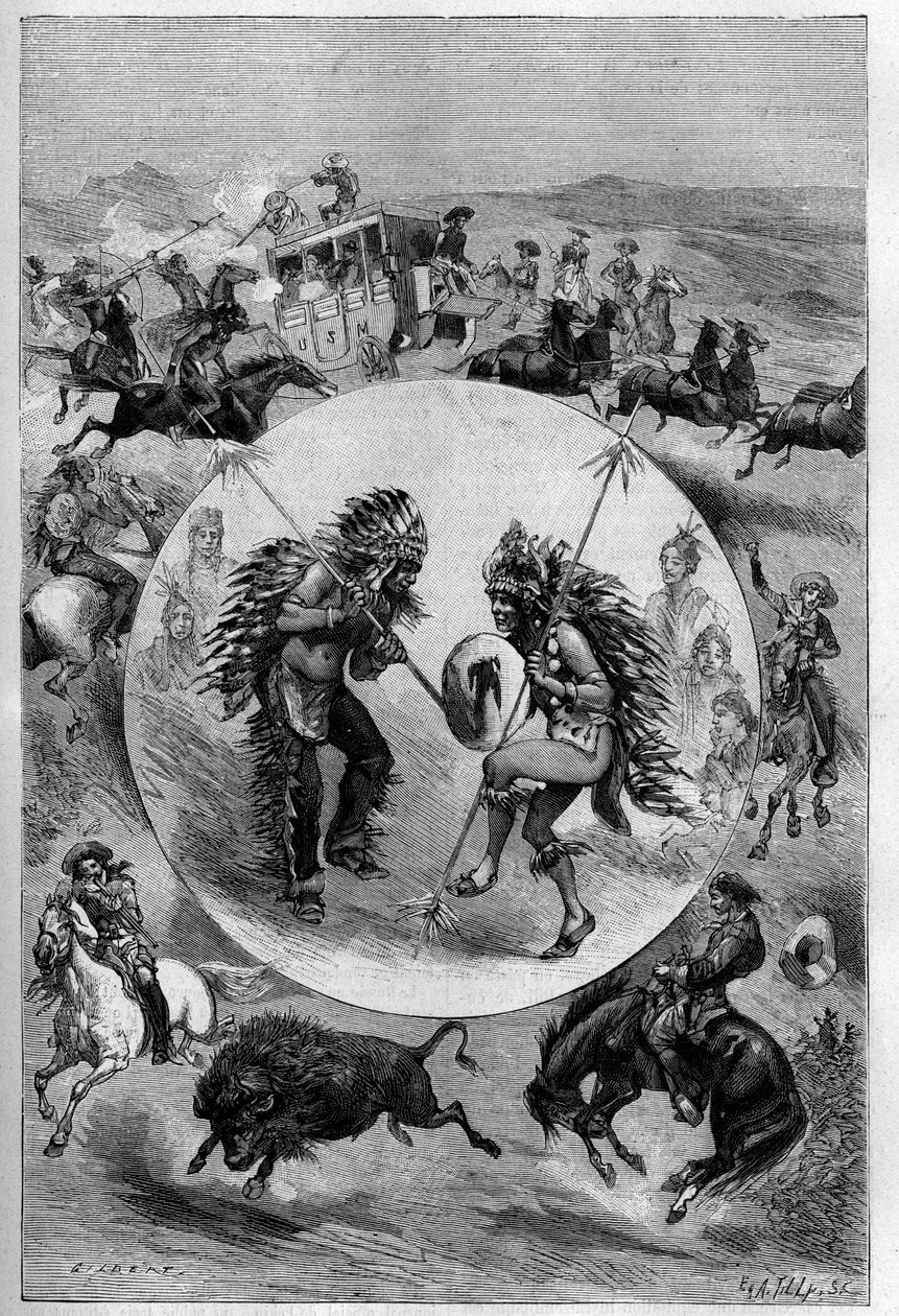 Buffalo Bill párizsi bemutatója: William Frederic Cody (1846-1917) Buffalo Bill néven ismert társulata által bemutatott gyakorlatok (szorgalom támadása, sziú tánc, bivalyvadászat). Metszet a „” La Nature-be. Revue des sciences et de ses applications aux ar alkotó: Unknown artist