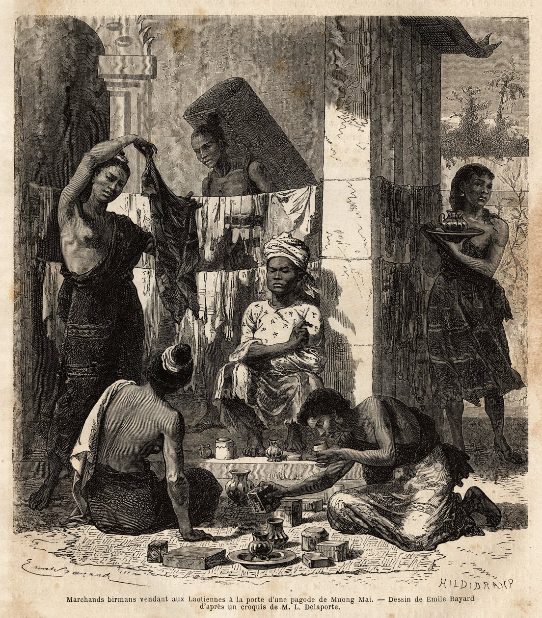 Burmai kereskedők, akik szöveteket és parfümöket árulnak laoszi nőknek egy pagoda ajtajában Muong Maiban. Francis Garnier, de Vaissseau hadnagy 1866-1868-as metszete az indokínai felfedezőút illusztrálására, megjelent a „” Le tour du mond” alkotó: Unknown artist