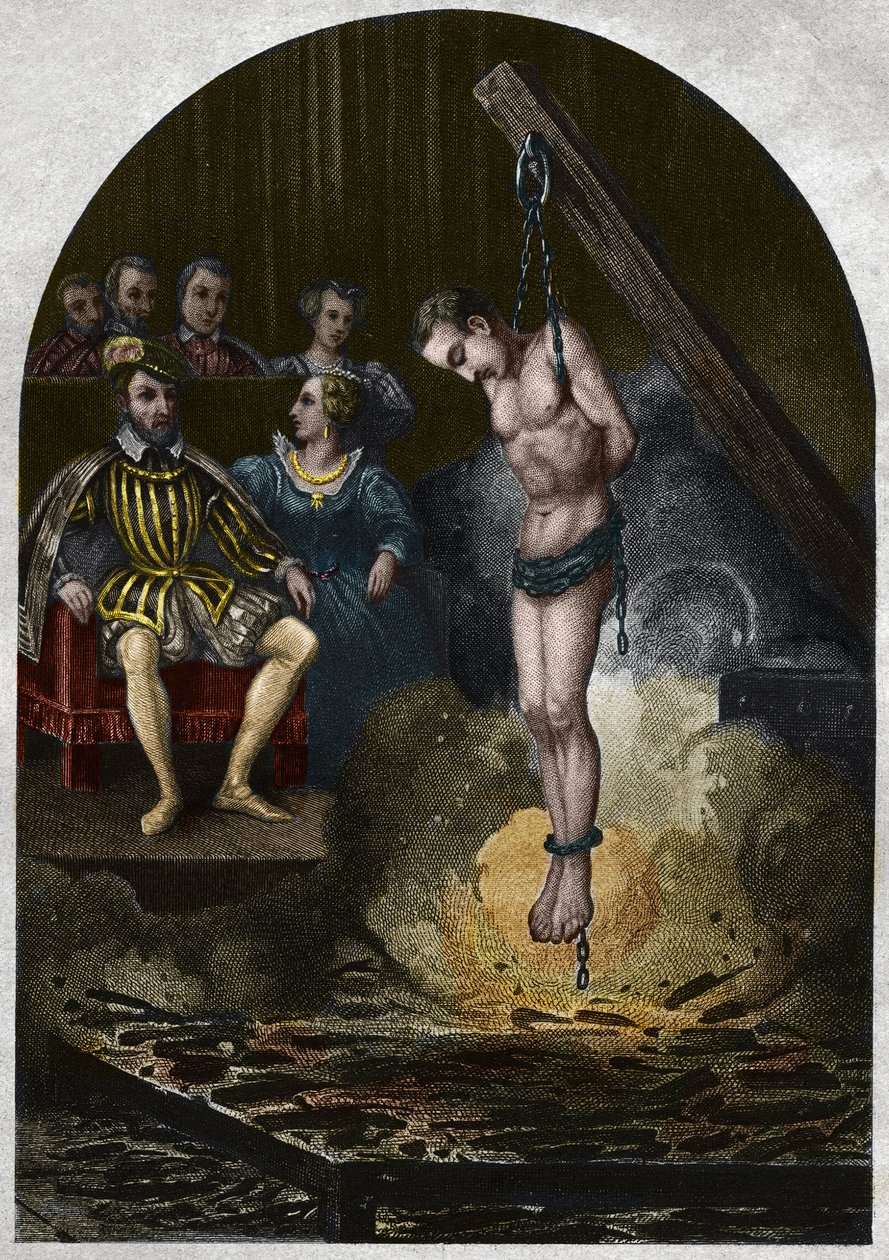 Égőkamra (udvar) II. Henrik király (1519-1559) alatt Medicis Katalin (Caterina de Medici) jelenlétében. Metszet 1842-ből Maurice Lachatre „Histoire des Popes” című könyvében. Magángyűjtemény. alkotó: Unknown artist