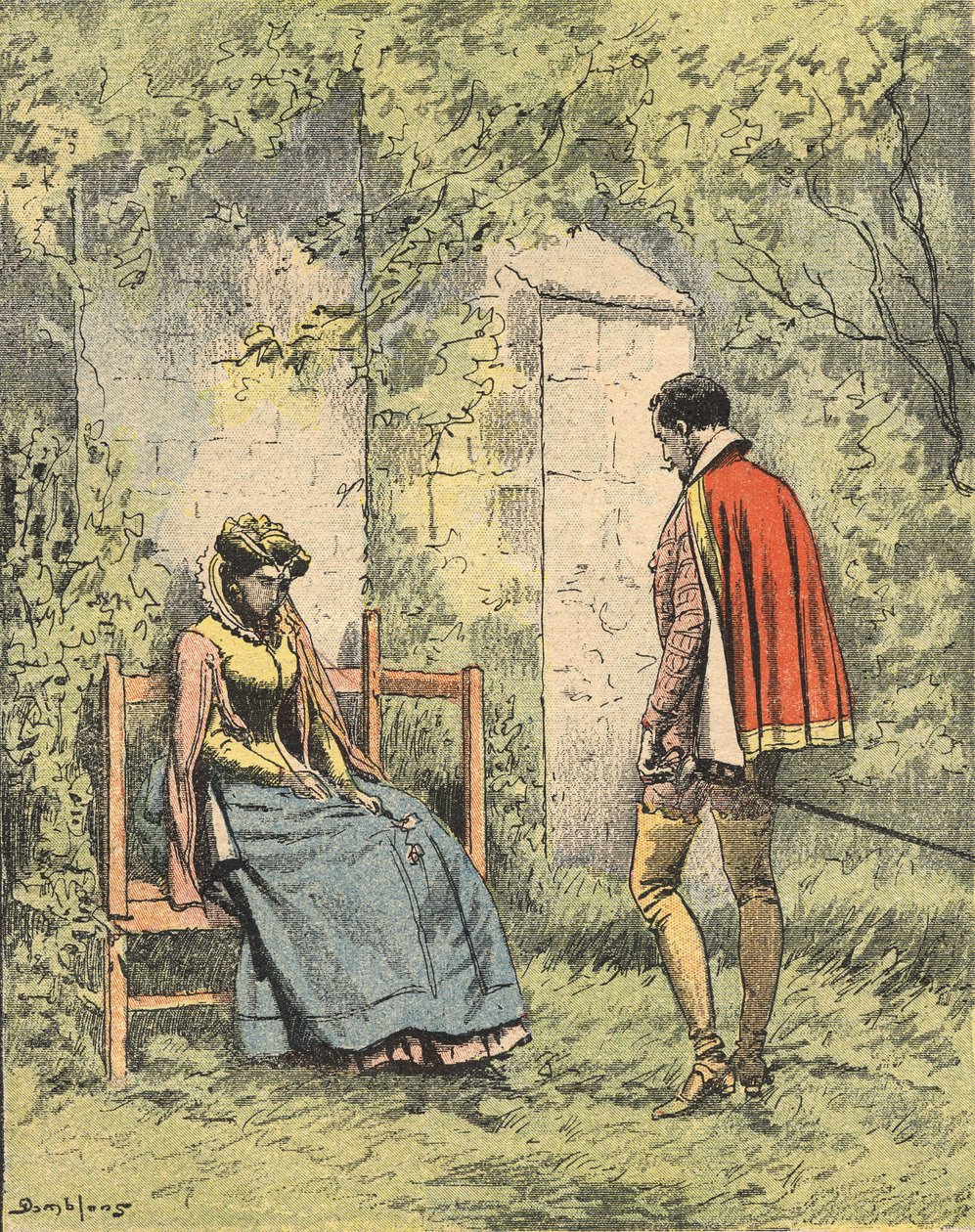 Bussy és Diane, Madame de Monsoreau, a templom készenlétében álló kertben. Alexandre Dumas „La Dame de Monsoreau” című regényének illusztrációja a „Journal des novels populaires illustrés”-ben alkotó: Unknown artist