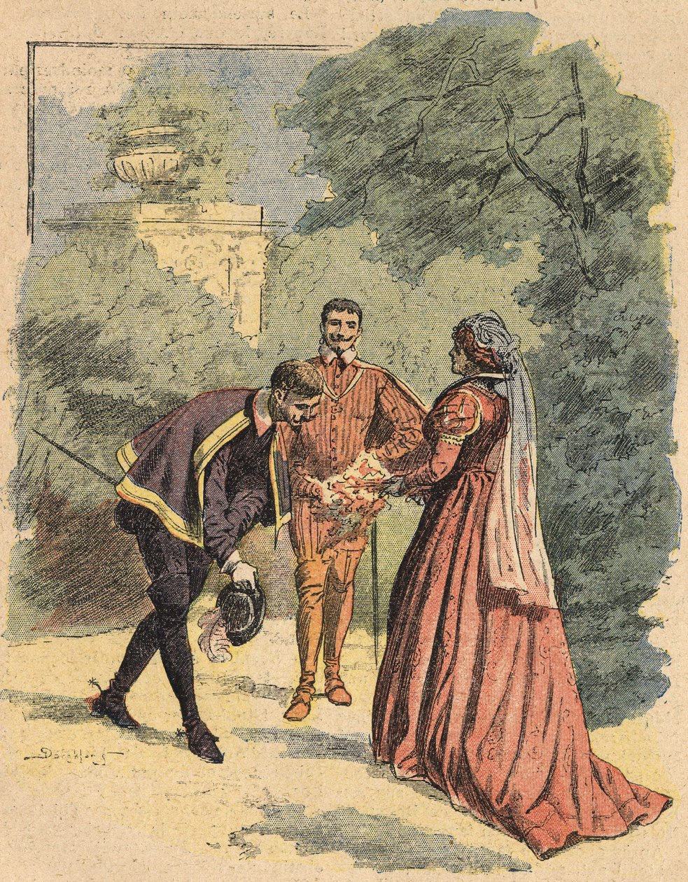 Bussy köszönti Jeanne-t, Szent Lukács kíséretében a parkban. Illusztráció Alexandre Dumas „La Dame de Monsoreau” című regényéről a „Journal des novels populaires illustrées”-ben alkotó: Unknown artist