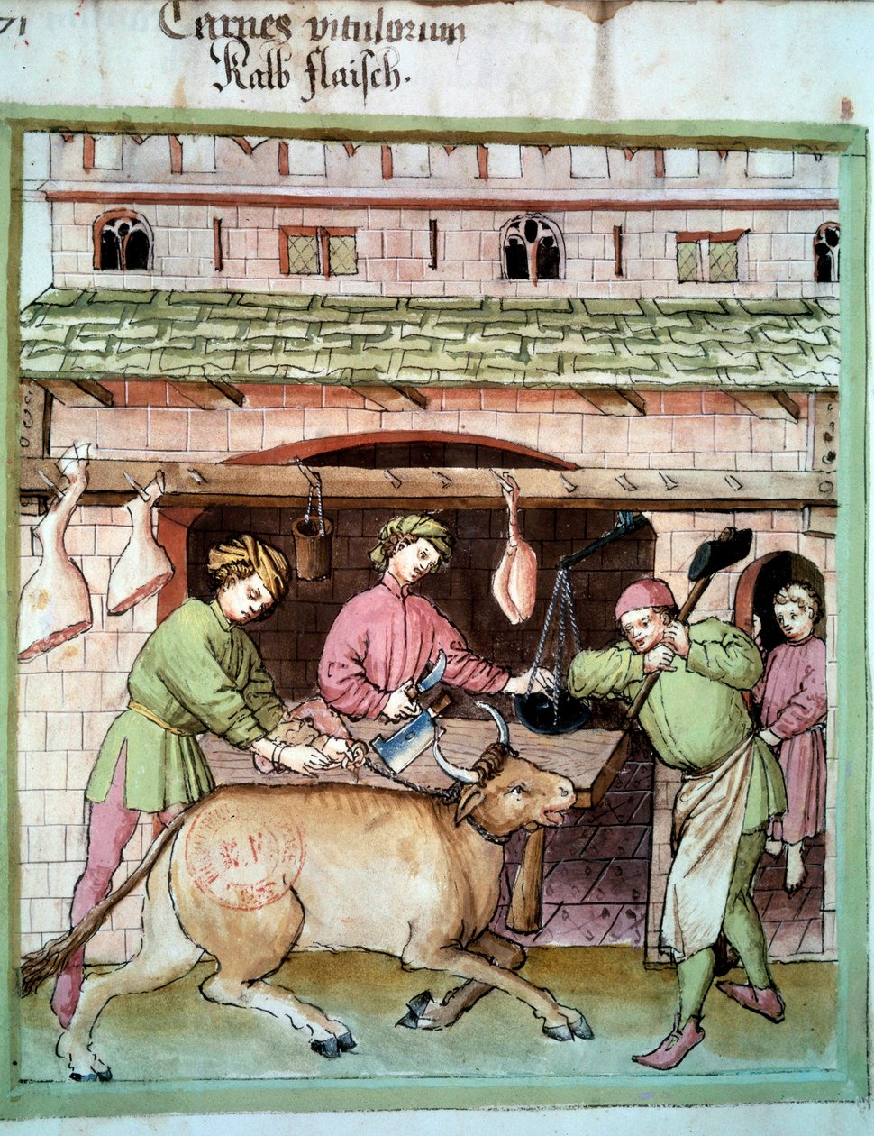 Hentes: egy ökör levágása. Megvilágítás az orvostudomány és a dietetika fejéséből "" Tacuinum sanitatis"" alkotó: Unknown artist
