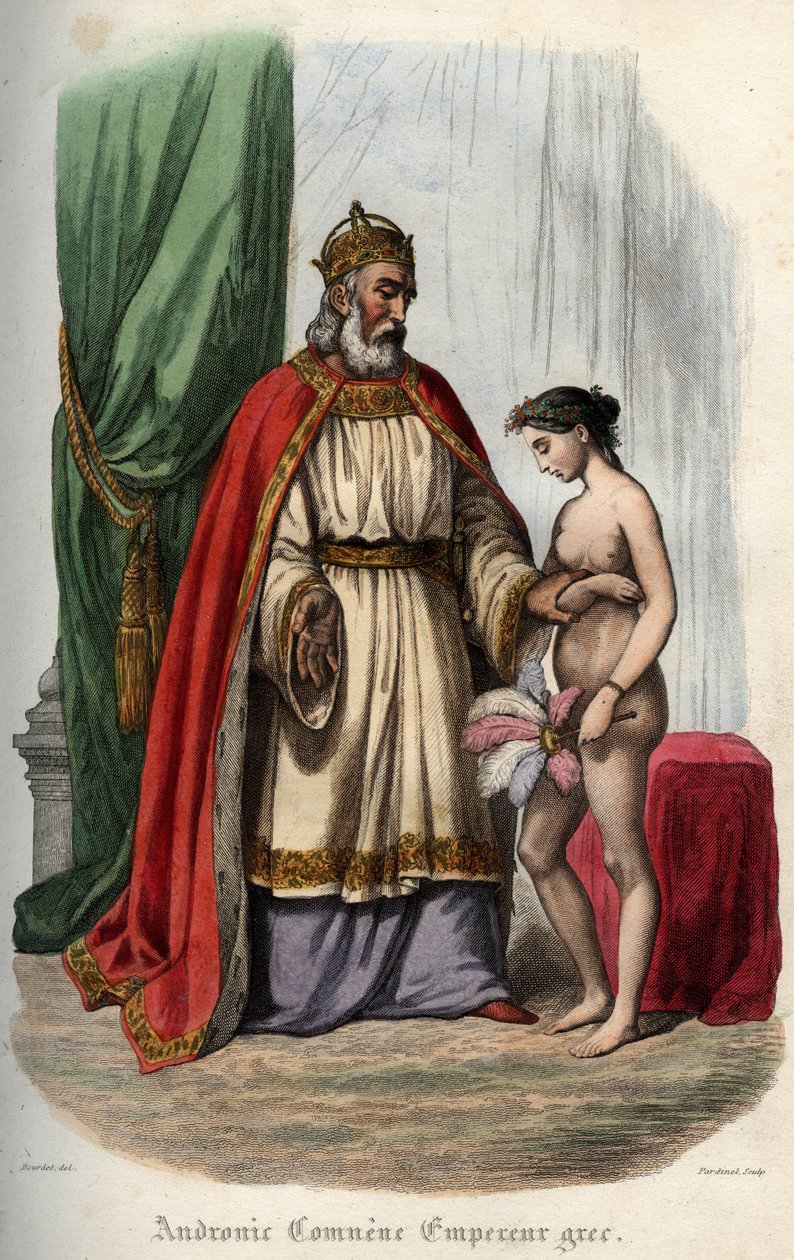 Andronikosz I. Komnénosz bizánci császár (vagy Andronikosz I. Komnénosz (1118-1185 körül) (I. Andronikus I. Komnén) és felesége, francia Ágnes (1171-1240), akit meztelenül kényszerítenek orgiájára. Metszet 1842-ből a „Histoiredes”-ben pápák”” – írta Mauric alkotó: Unknown artist
