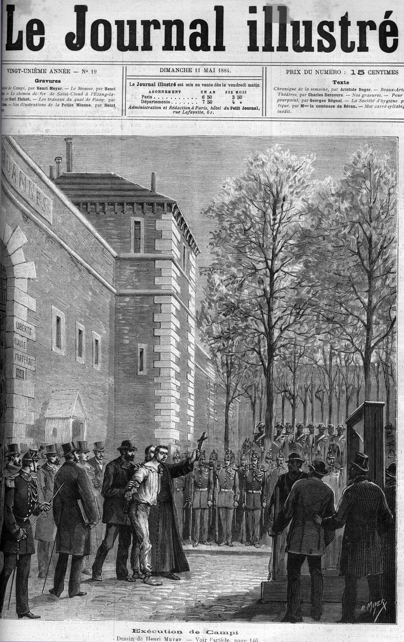 CAMPI, A RUE DU REGARD GYÖRGYÉSZE – Michel Campi bérgyilkos kivégzése a Place de la Roquette-en, 1884. április 30. – GUILLOTINE – metszet a „Le journal illustrious” 1884-ben. alkotó: Unknown artist