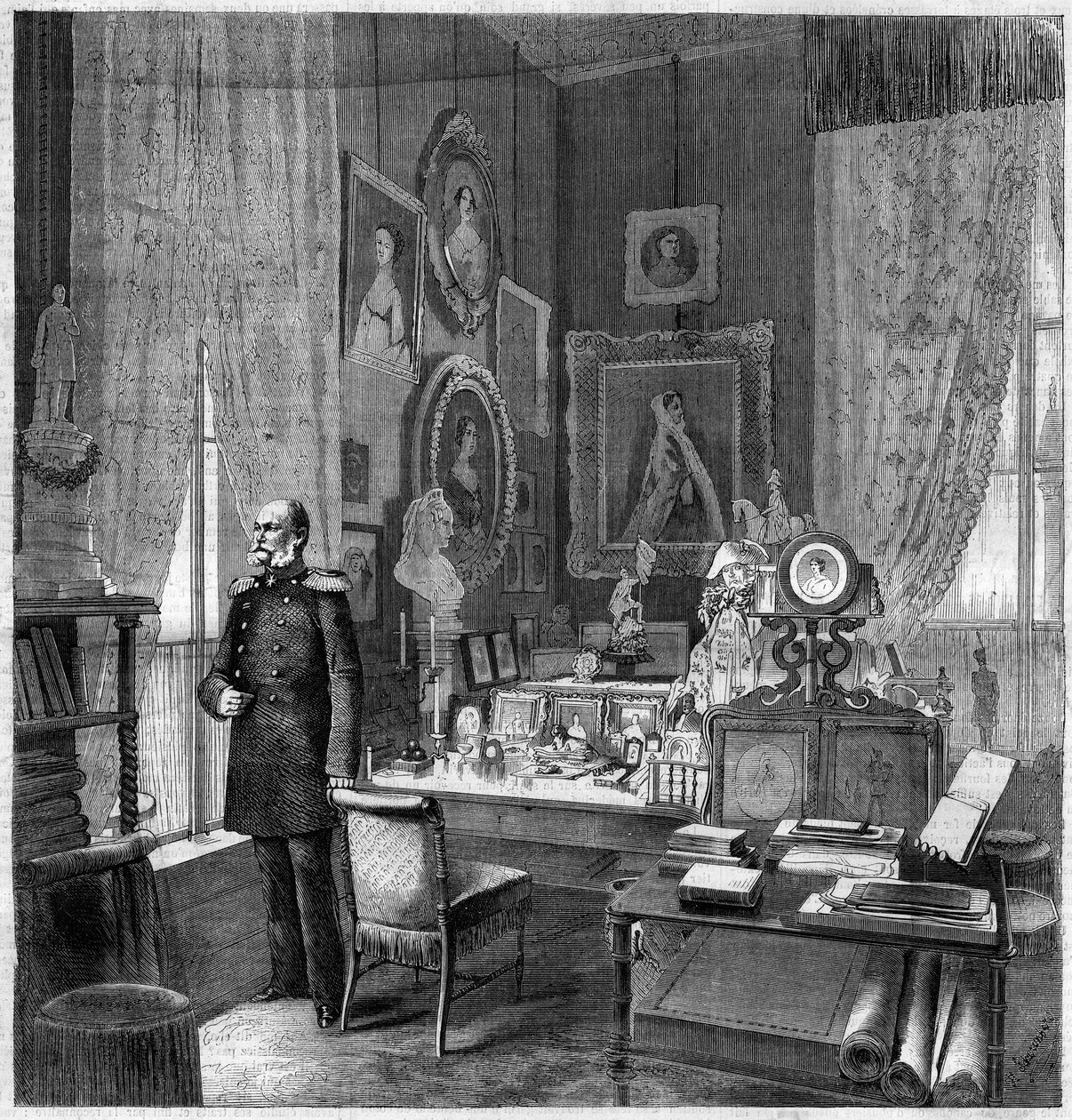 I. Vilmos király (1797-1888), porosz király és német császár kabinetje a berlini királyi palotában. Metszet a "" The Illustrious Universe" -ba alkotó: Unknown artist