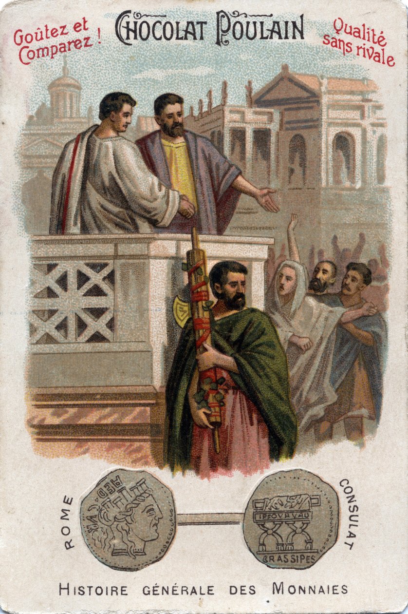 Caius Licinius Calvus Stolon a konzulátushoz való hozzáférésével hozzájárul a plebejusok politikai hatalomhoz jutásához. Az érmék általános történetében. A 19. század végi csokoládé-csikó kromolitográfiája. Magángyűjtemény. alkotó: Unknown artist
