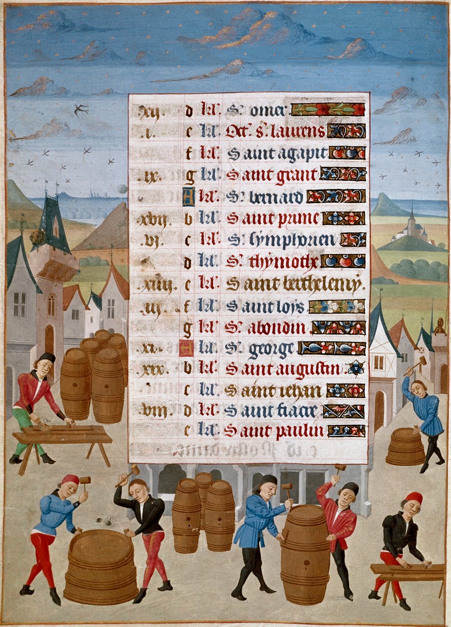 Naptár: augusztus - Boroshordók gyártása - Jean de Rolin mester miniatűrje (15. század) a „Savoyai Adelaide, Burgundia hercegnő óráiból” 1460-1465 Chantilly, Musee Conde alkotó: Unknown artist