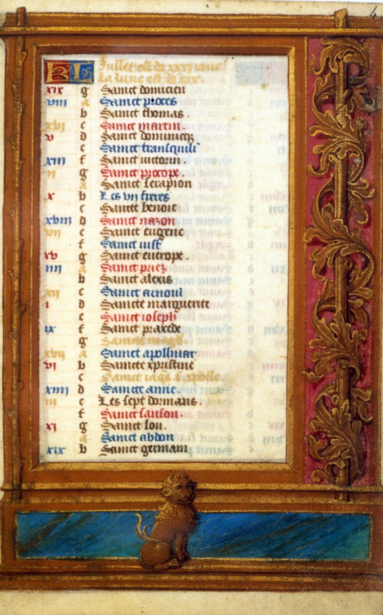 Júliusi naptár az Oroszlán jegyével - Középkor miniatűrje: Kérjen engedélyt a Toulouse-i Városi Könyvtártól (tel: 05 62 27 66 66) alkotó: Unknown artist