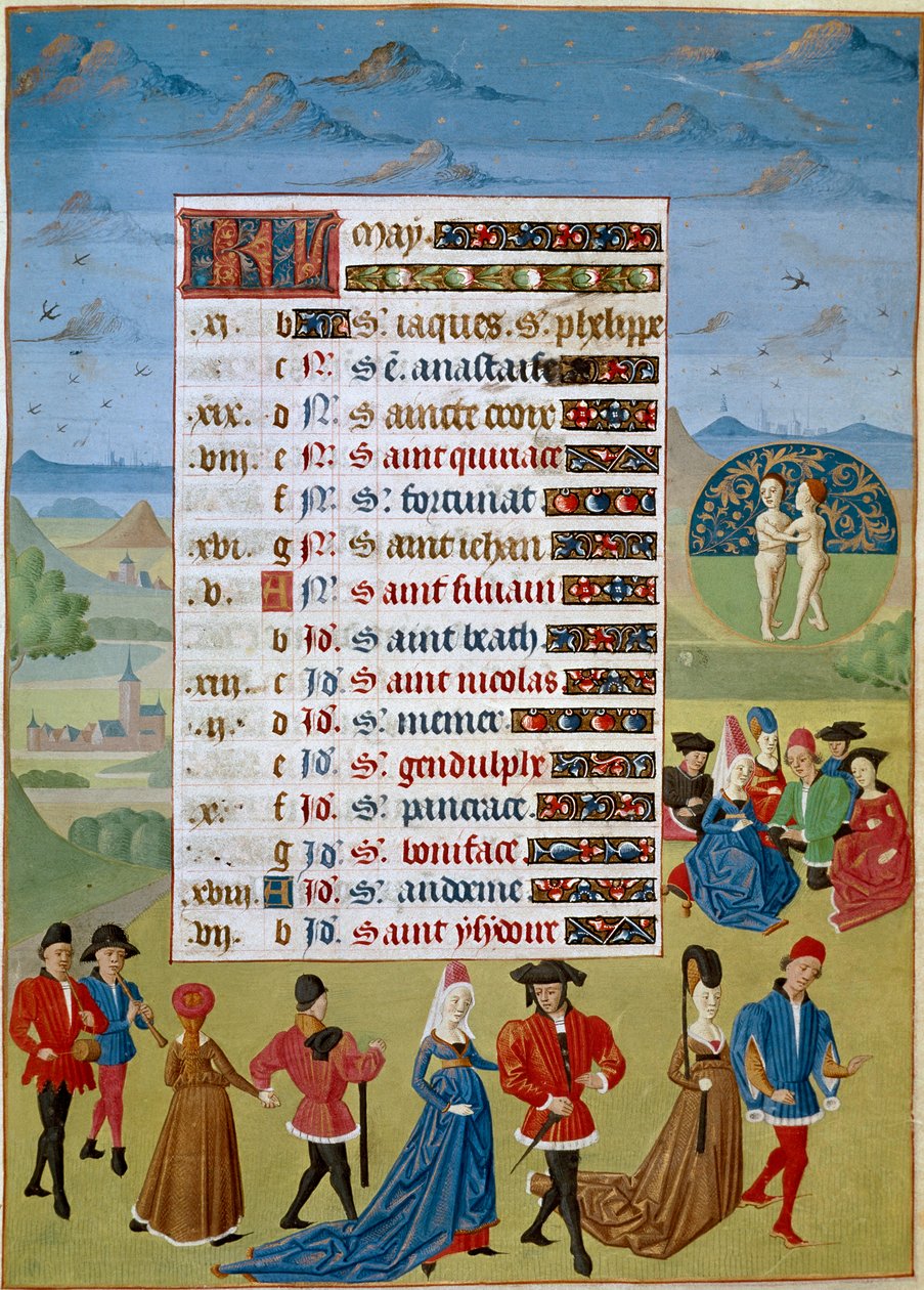Naptár: május hónap, táncok és játékok - Jean Rolin mester miniatúrája a „Savoyai Adelaide, Burgundia hercegnő órái” kéziratból 1460-1465 Chantilly, Musee Conde alkotó: Unknown artist