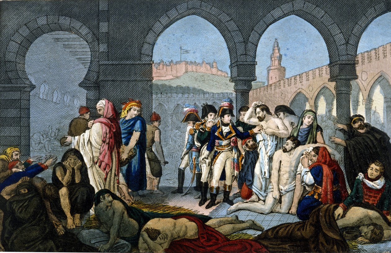 Egyiptom hadjárata (1798-1801): Bonaparte tábornok felkeresi a jaffai pestiferes kórházat. Metszet 19. század. alkotó: Unknown artist