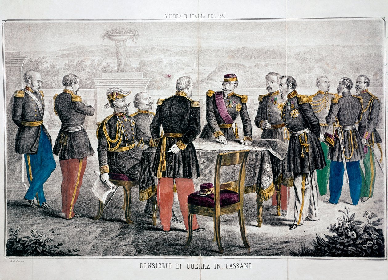 Olaszország 1859-es hadjárata: Cassano haditanácsa, amely II. Vittorio Emanuele (Victor-Emmanuel vagy Victor Emmanuel) és III. Napóleon császár találkozója. Magángyűjtemény alkotó: Unknown artist