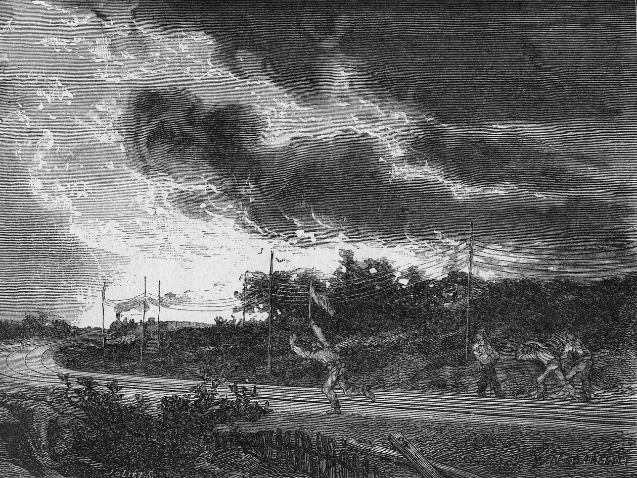 Cantonnier riasztójelzést ad, és a vonat elé fut, hogy megelőzze a baleseteket. In” Album de la Science”, Éditions Jouvet alkotó: Unknown artist