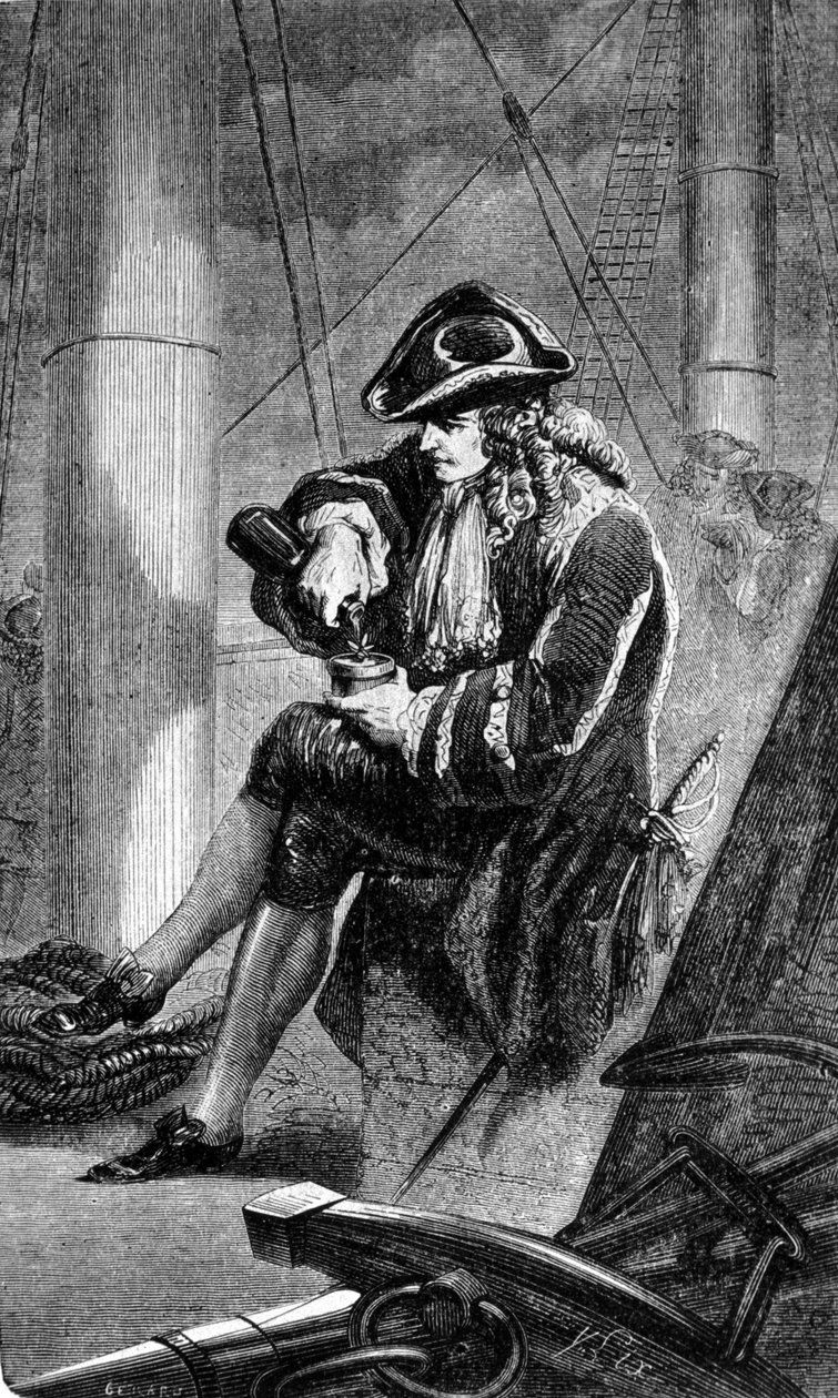 Gabriel de Clieu (Declieux, Desclieux) kapitány (1687/1678-kb. 1774), akit 1725-ben XIV. Lajos király bízott meg azzal, hogy hozzon vissza Martinique-ra egy kávéfőzőt (kávéfőző), megosztja vele a vízadagját, hogy megmentse őt a szárazság. 19-i metszet alkotó: Unknown artist