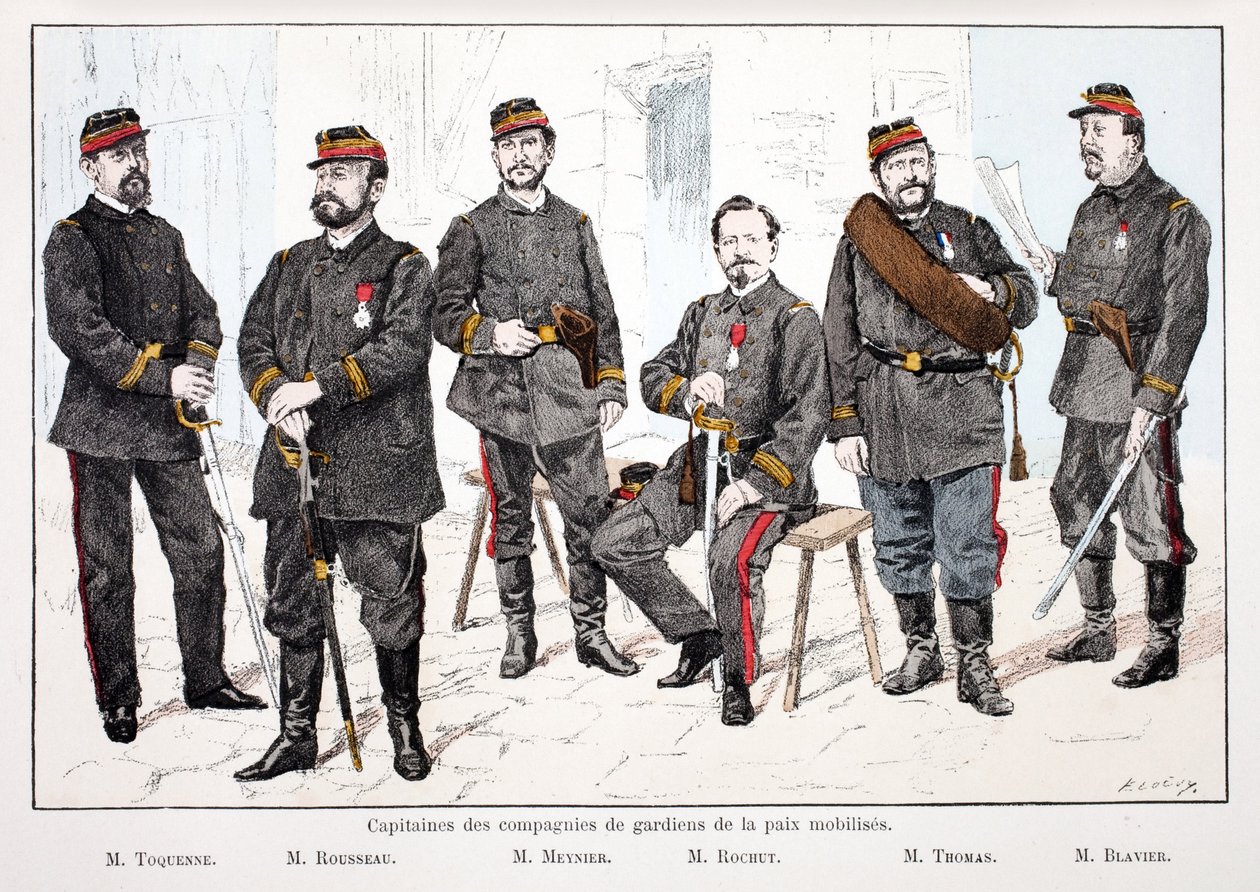 A mozgósított békefenntartó századok kapitányai balról jobbra: Mr. Toquenne, Mr. Rousseau, Mr. Mennier, Mr. Rochut, Mr. Thomas, Mr. Blavier. Rézkarc színekben, illusztrációnak „” A békefenntartók hadtestének története””” című könyv alatt megjelent alkotó: Unknown artist