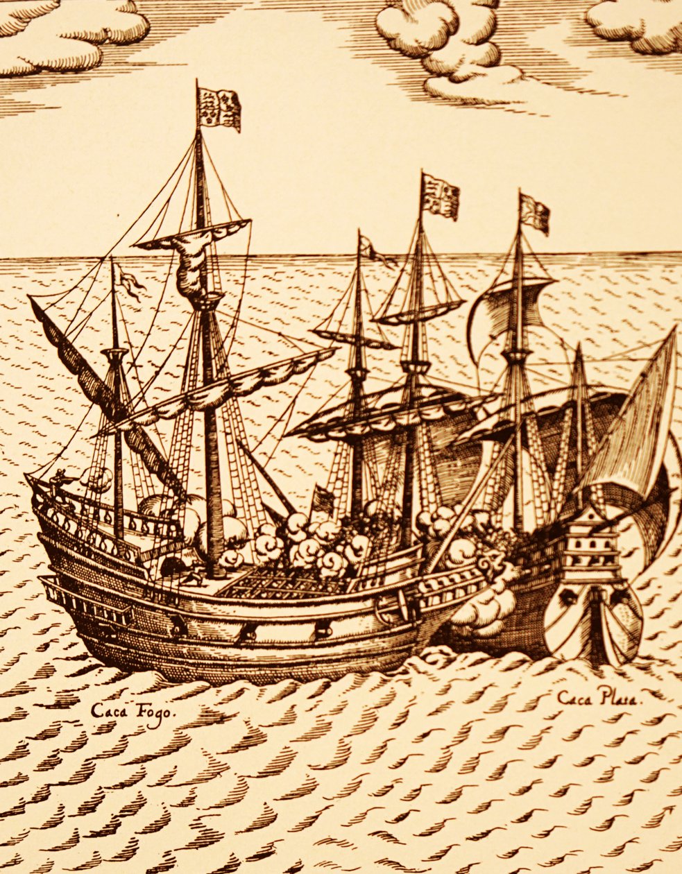 A Cagafuego spanyol galleon elfoglalása az Arany Hind által, Francis Drake vezetésével 1579 márciusában (metszet) alkotó: Unknown artist