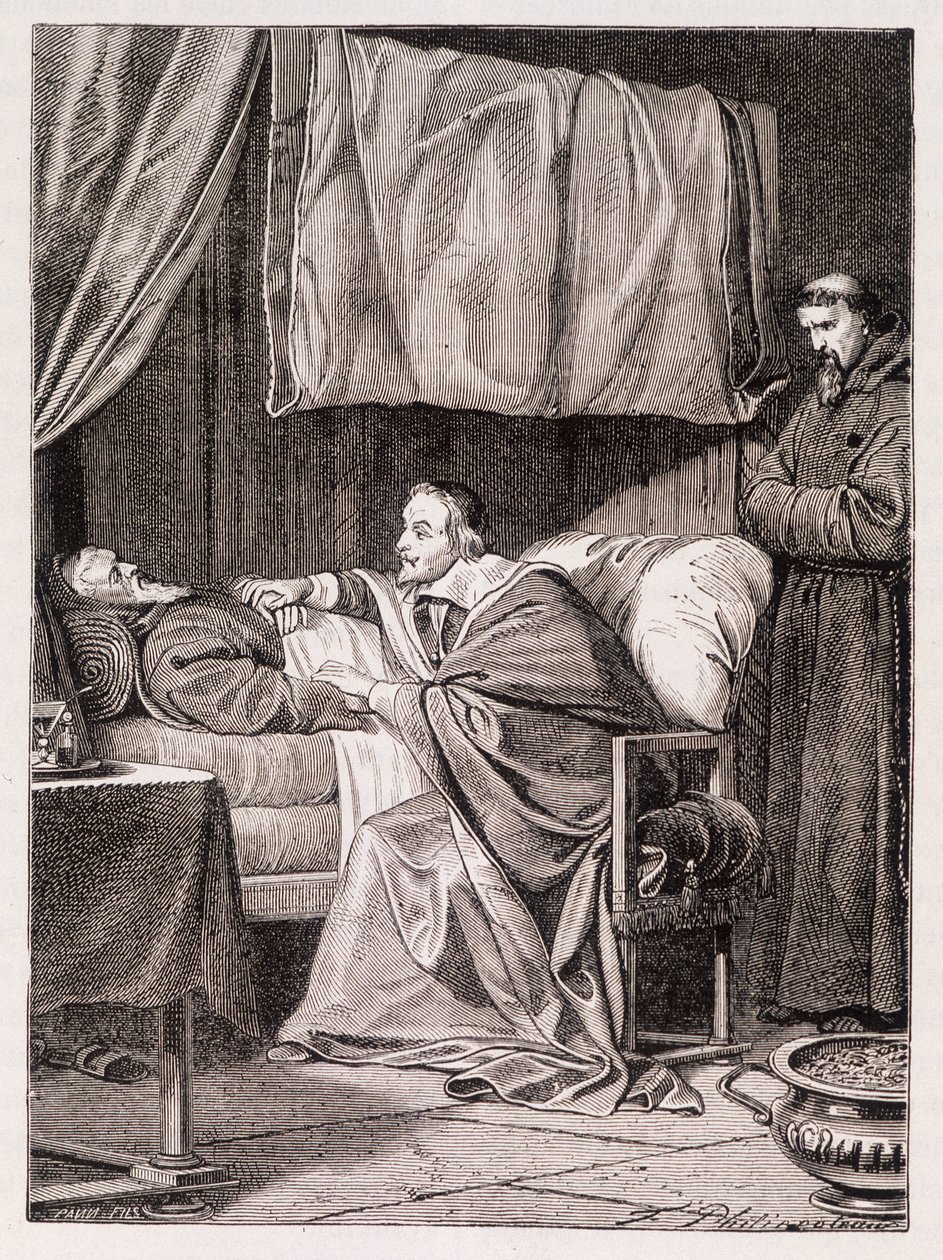 Richelieu bíboros József atya halálos ágyán - metszet alkotó: Unknown artist