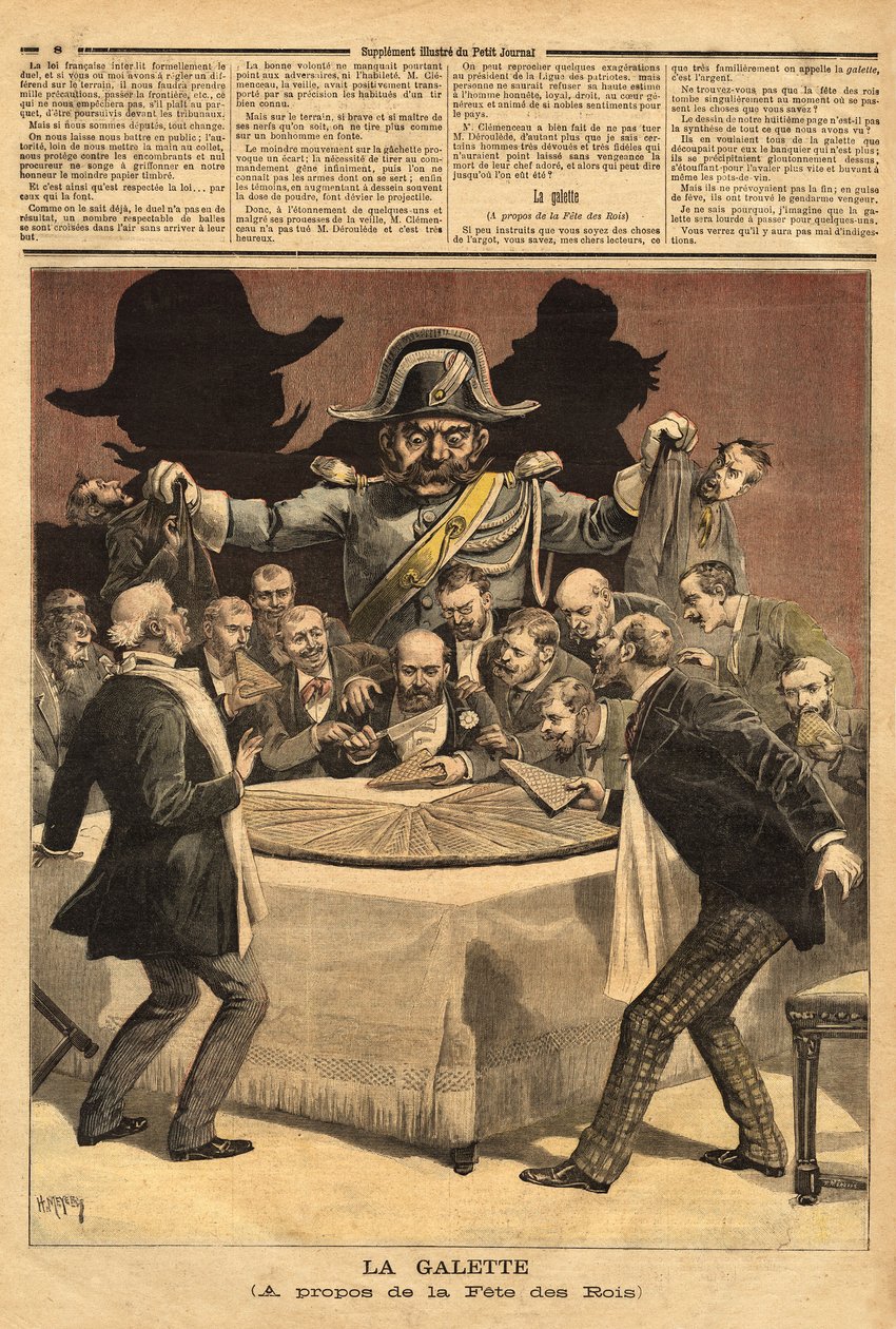 „La galette” karikatúra-illusztráció, a királyok ünnepéről, ahol a bankár felvágja a tortát, mindenki kicsapott, hogy részt vegyen, és feve helyett a csendőrt találta meg. Metszet a „” Le petit Journal”-ban 1893.07.01. Selva gyűjteménye. alkotó: Unknown artist