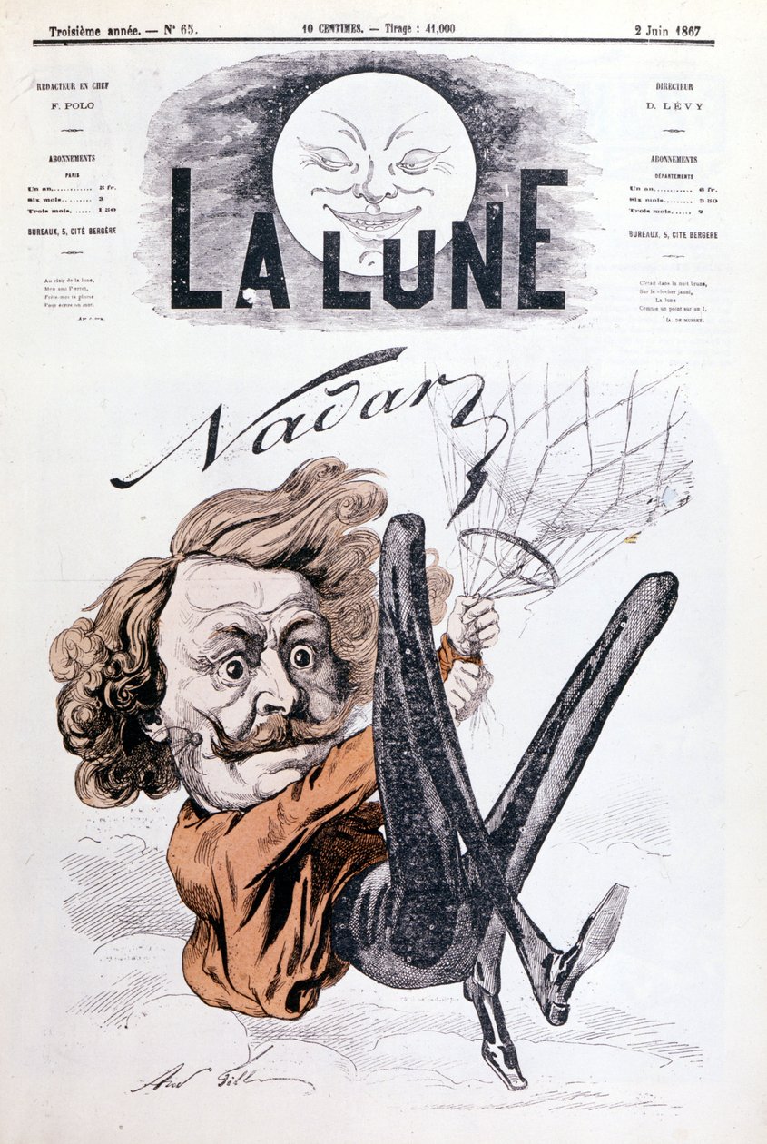 Nadar (1820 - 1910) repülős karikatúrája. A ""The Moon"" címlapja 1867.02.06. alkotó: Unknown artist