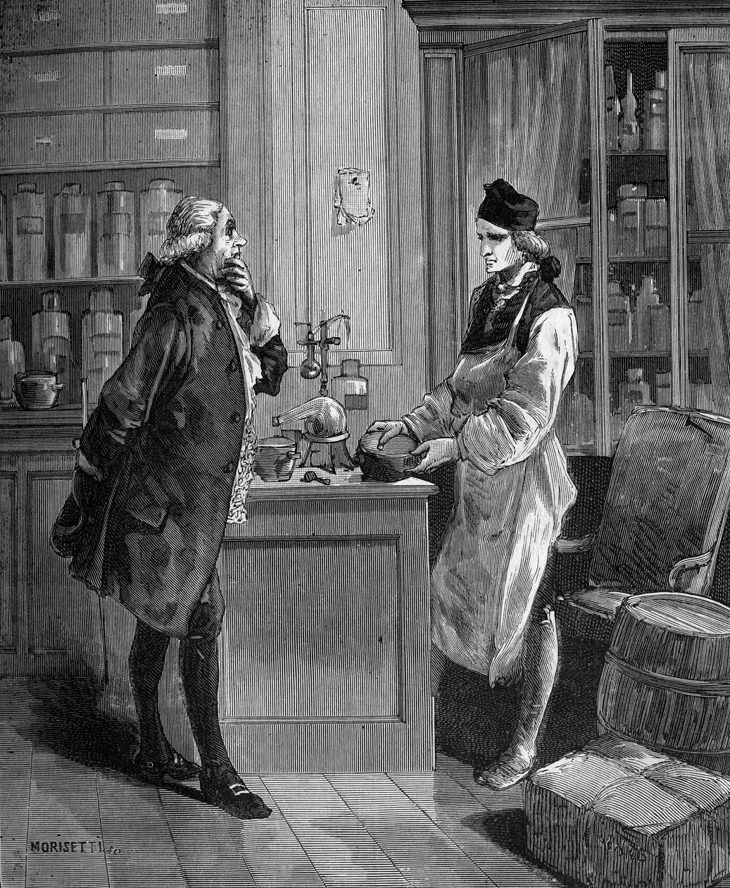 Carl William (Guillaume) Scheele (1742-1788), svéd kémikus laboratóriumában Tobern Bergmann kémikussal (1735-1784). alkotó: Unknown artist