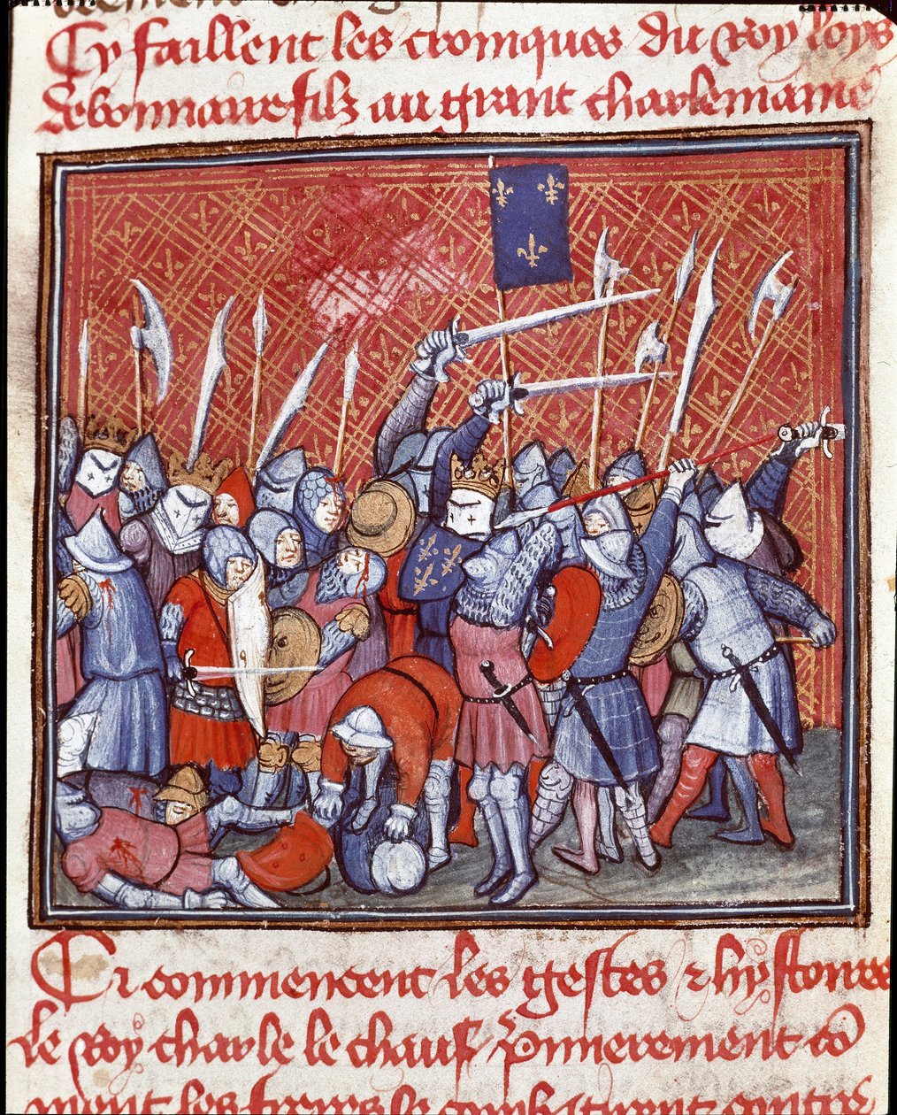 Karoling-dinasztia: „” II. Károly Karoling király azt mondja, hogy a kopasz (823-877) csata közben””” Miniatűr a „” Les grandes Chronicles de France”-ból”” 14. század Chantilly, Musee Conde alkotó: Unknown artist