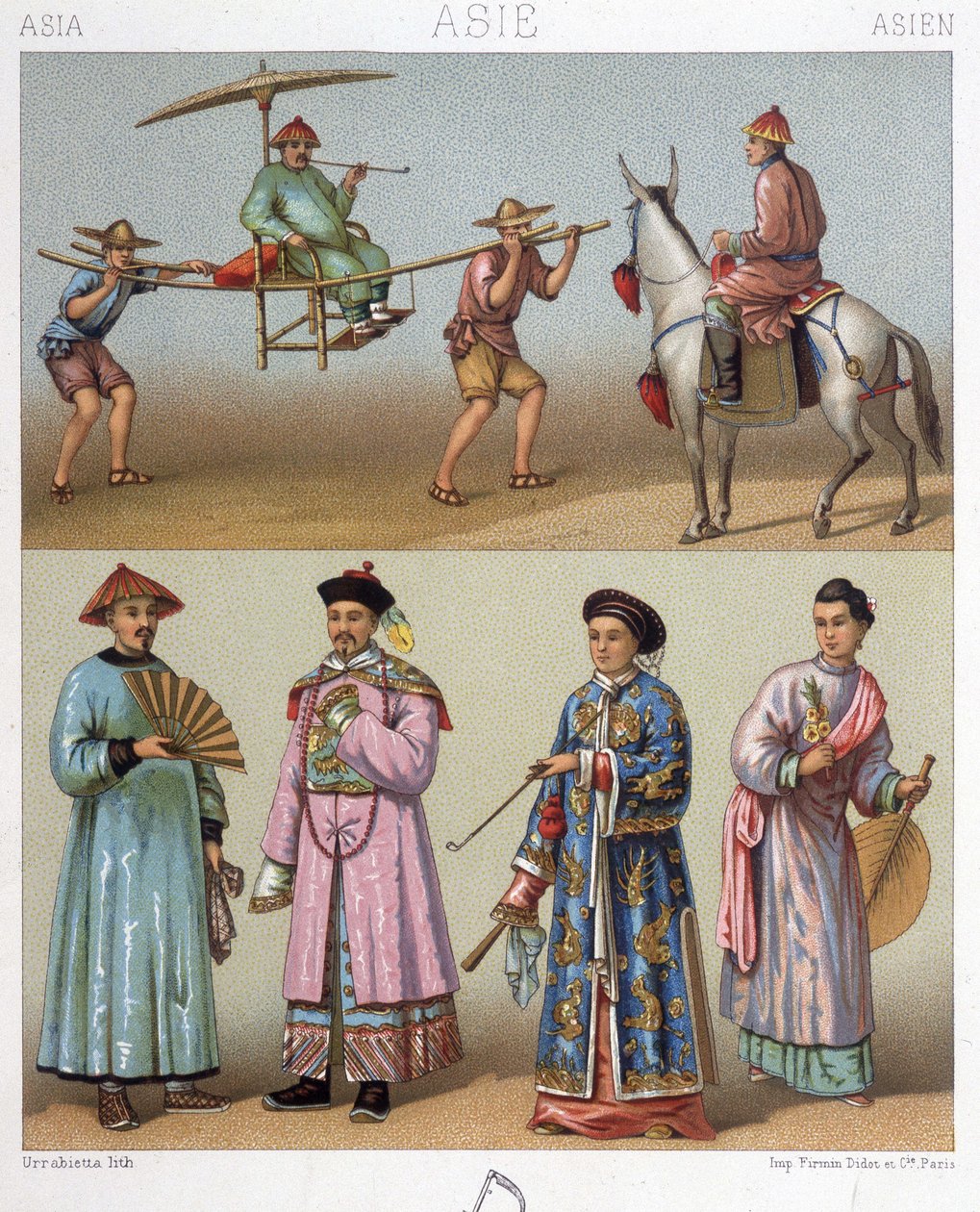 Carrier chairs, riders and costumes in China - in “” Le costume historique”” by Racinet alkotó: Unknown artist