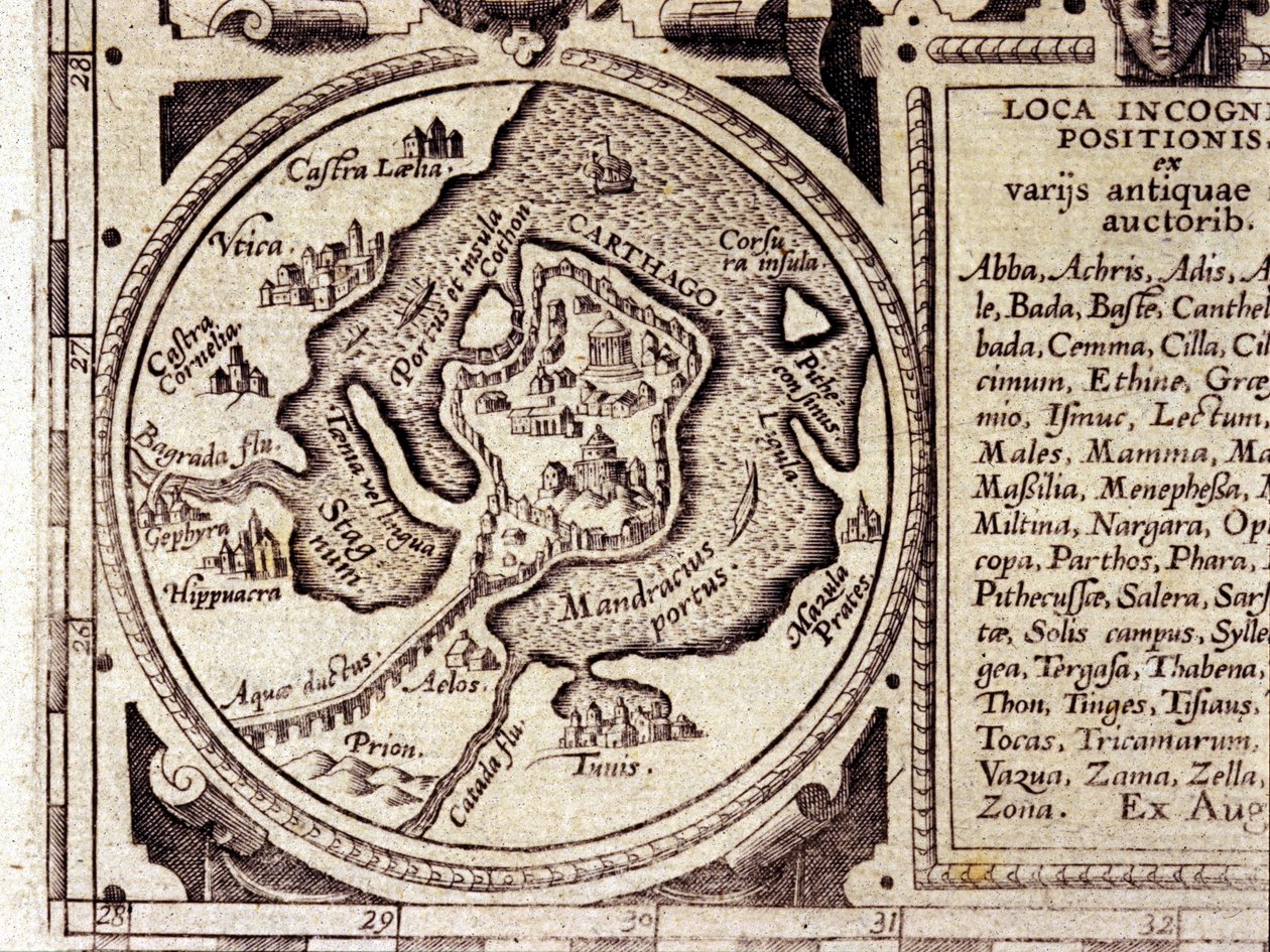 Karthágói kilátás a Tuniszi-öbölre egy 17. századi történelmi atlaszban. alkotó: Unknown artist
