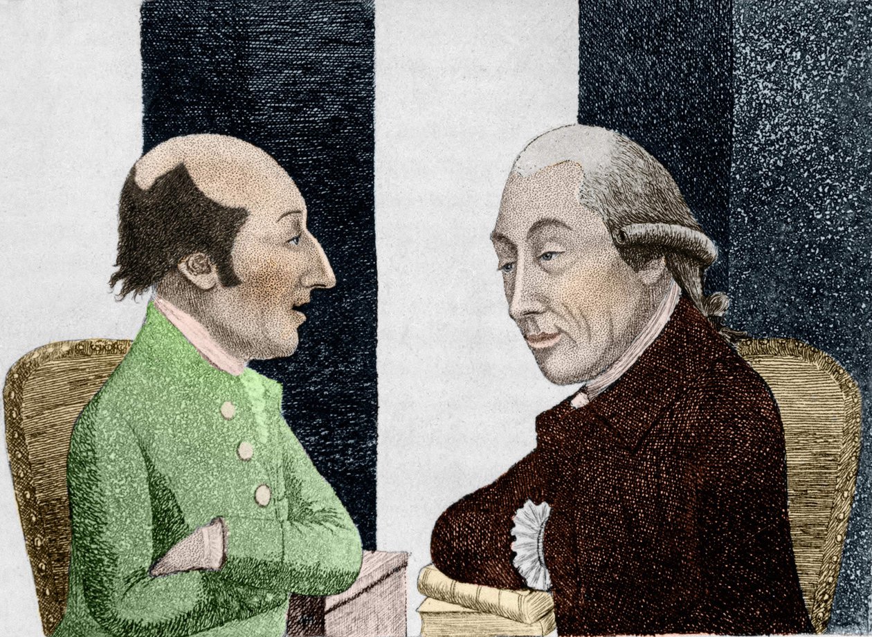 James Hutton (1726 - 1797) rajzfilmje a bal oldalon, Joseph Black (1728 - 1799) a jobb oldalon Metszet 19. század eleje alkotó: Unknown artist